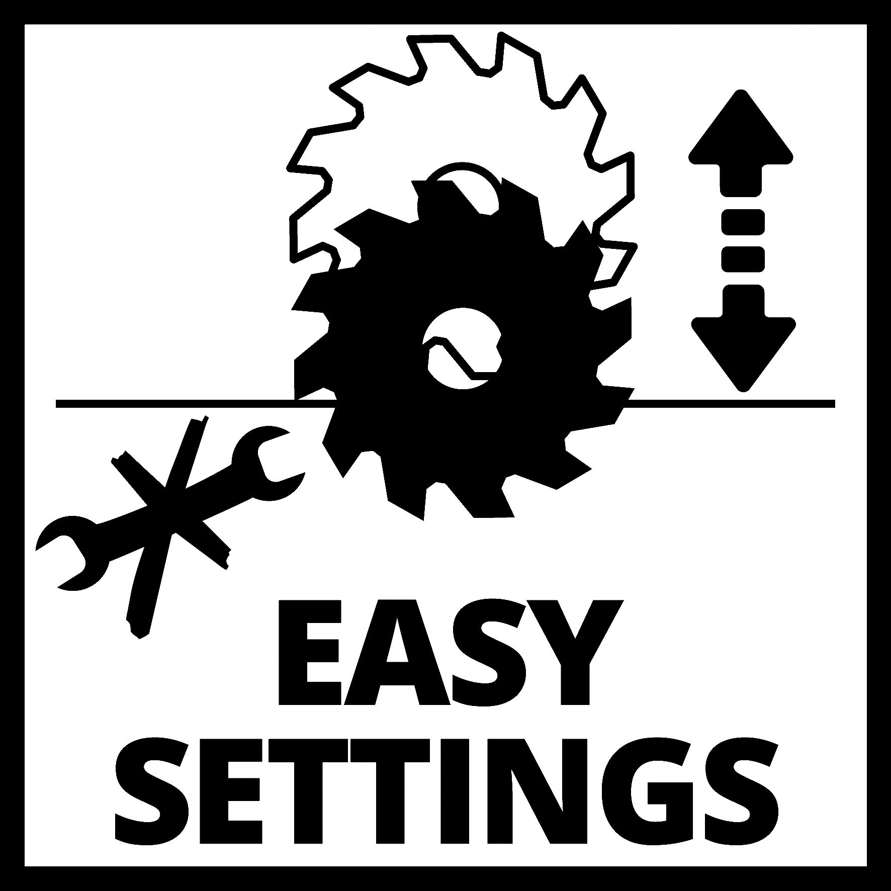 Czarno-biała grafika. Dwa koła zębate ze strzałkami. Tekst brzmi 'EASY SETTINGS'.