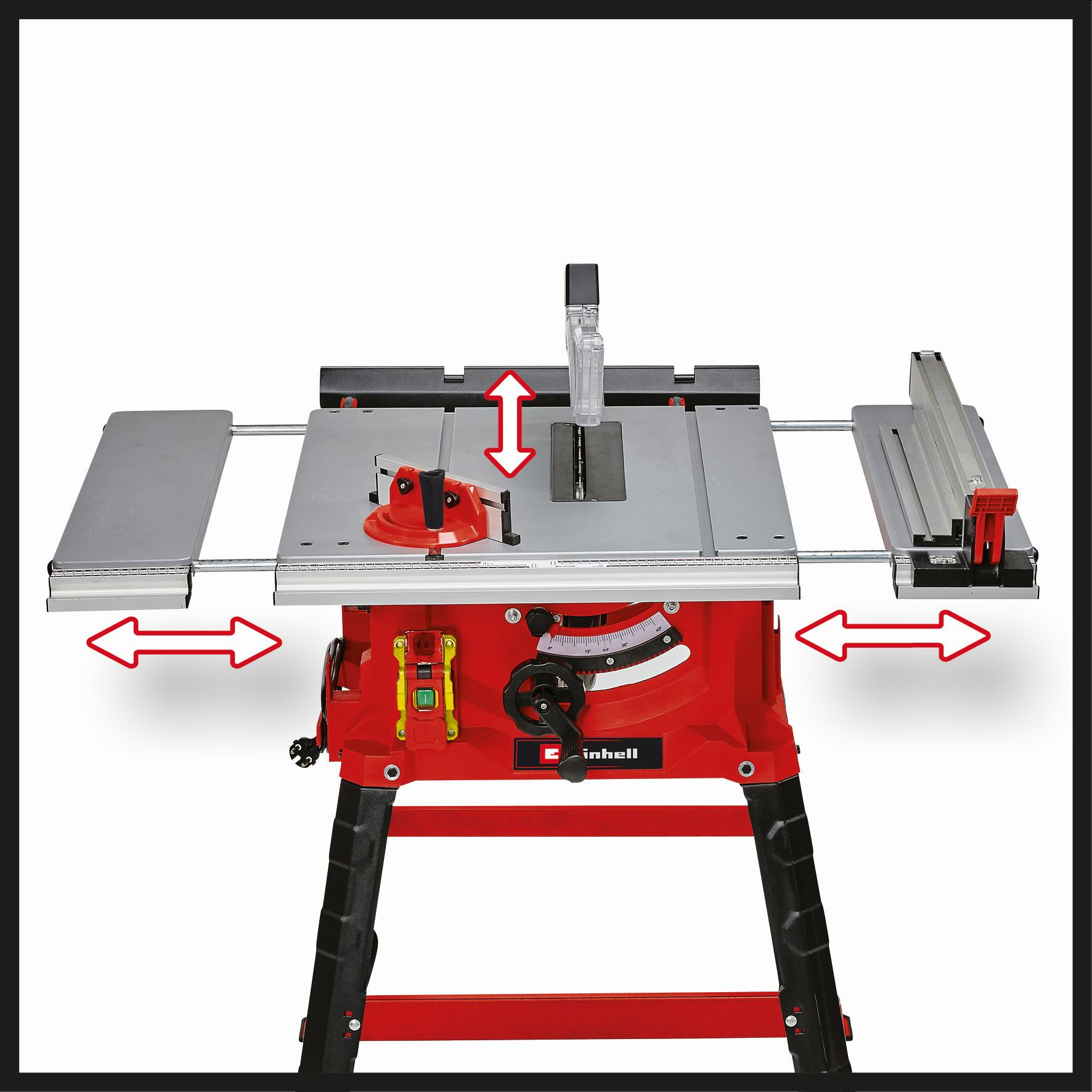 Czerwono-czarna piła stołowa ze strzałkami wskazującymi kierunki regulacji i ruchu.