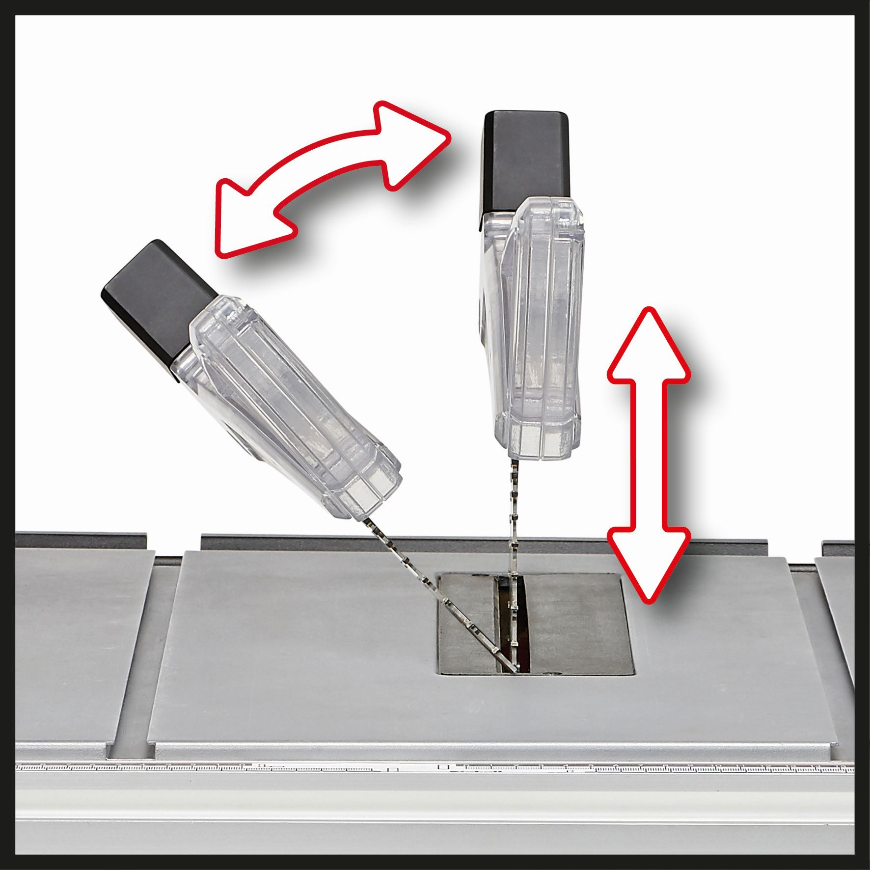 Ostrze piły w ruchu, szary stół, przezroczysta osłona z strzałkami.