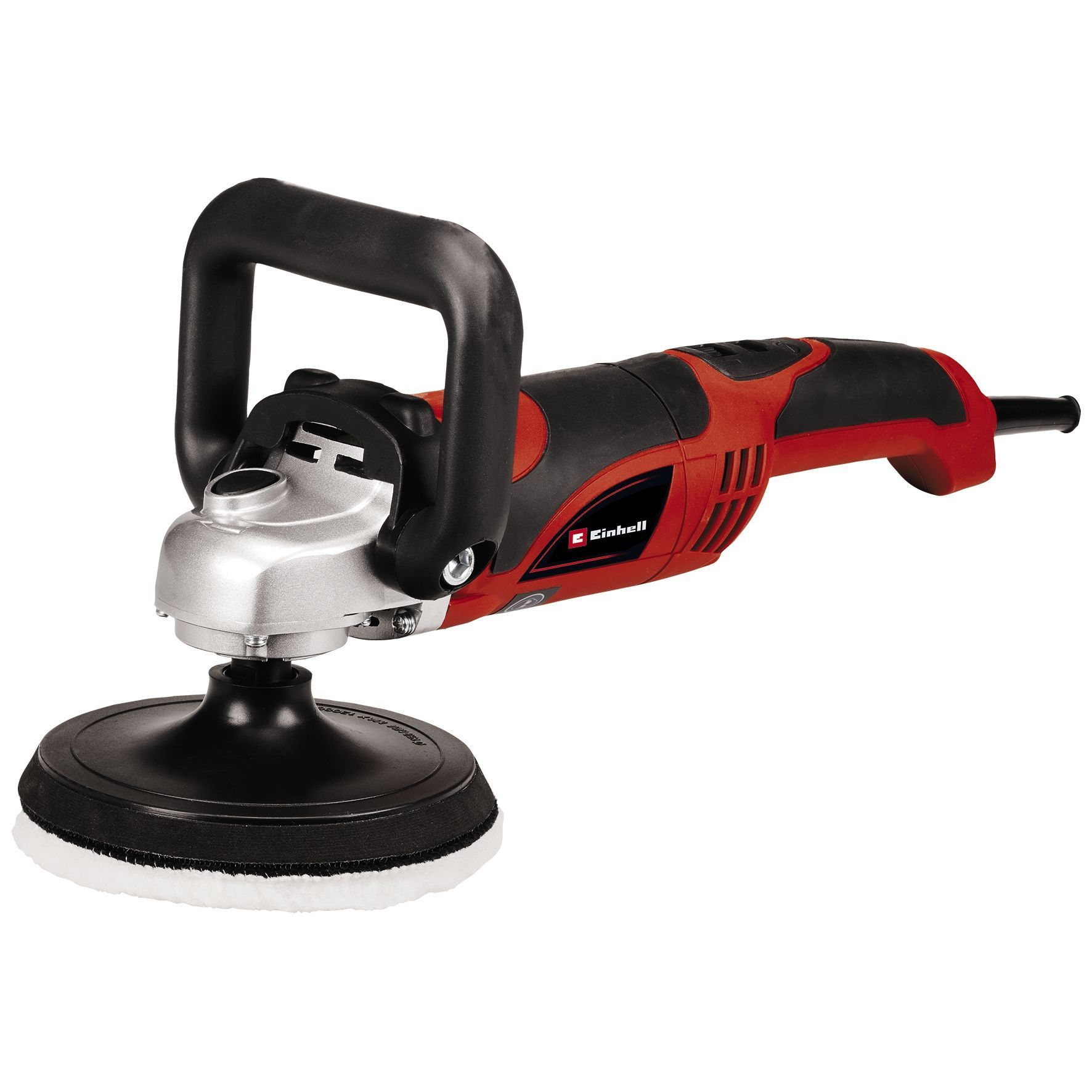 Czerwono-srebrne elektronarzędzie z czarnym uchwytem i białą podkładką.