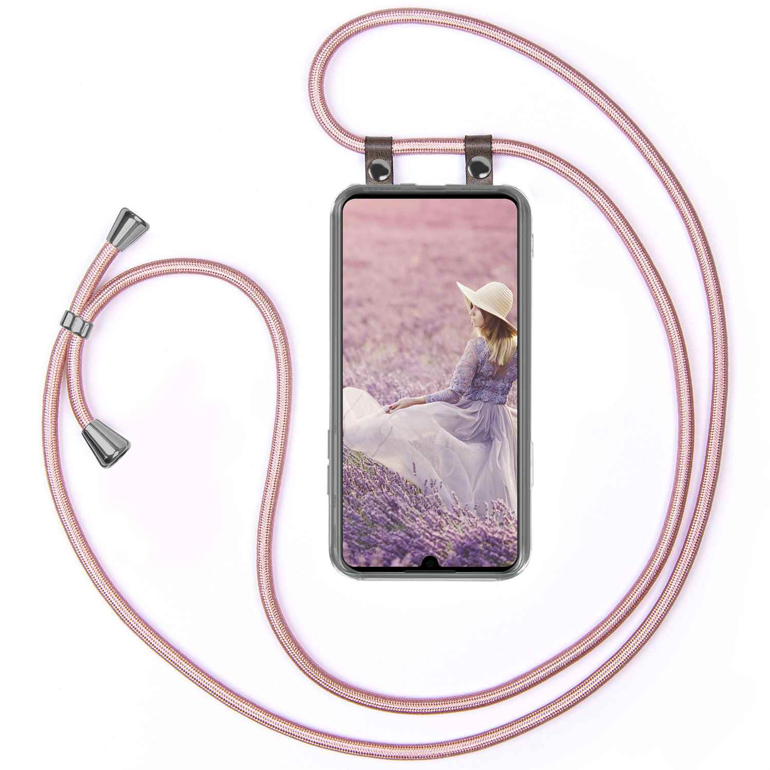 Telefon mit einer Frau in einem Lavendelfeld. Das Telefon ist an einem rosa Seil mit silbernen Akzenten befestigt.