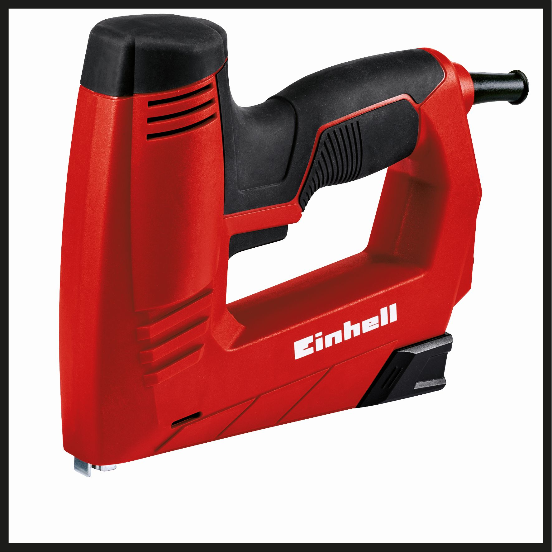 Rote und schwarze Einhell-Tackerpistole.