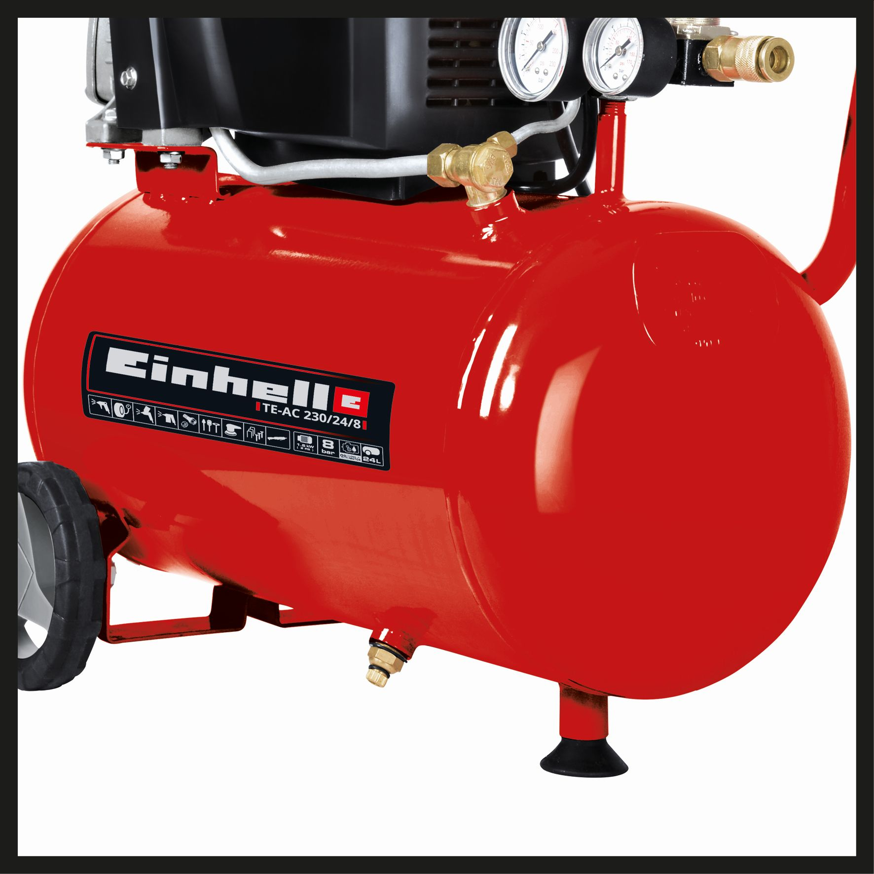 Roter Einhell-Luftkompressor mit schwarzen Details, zwei Messgeräten und Rädern.