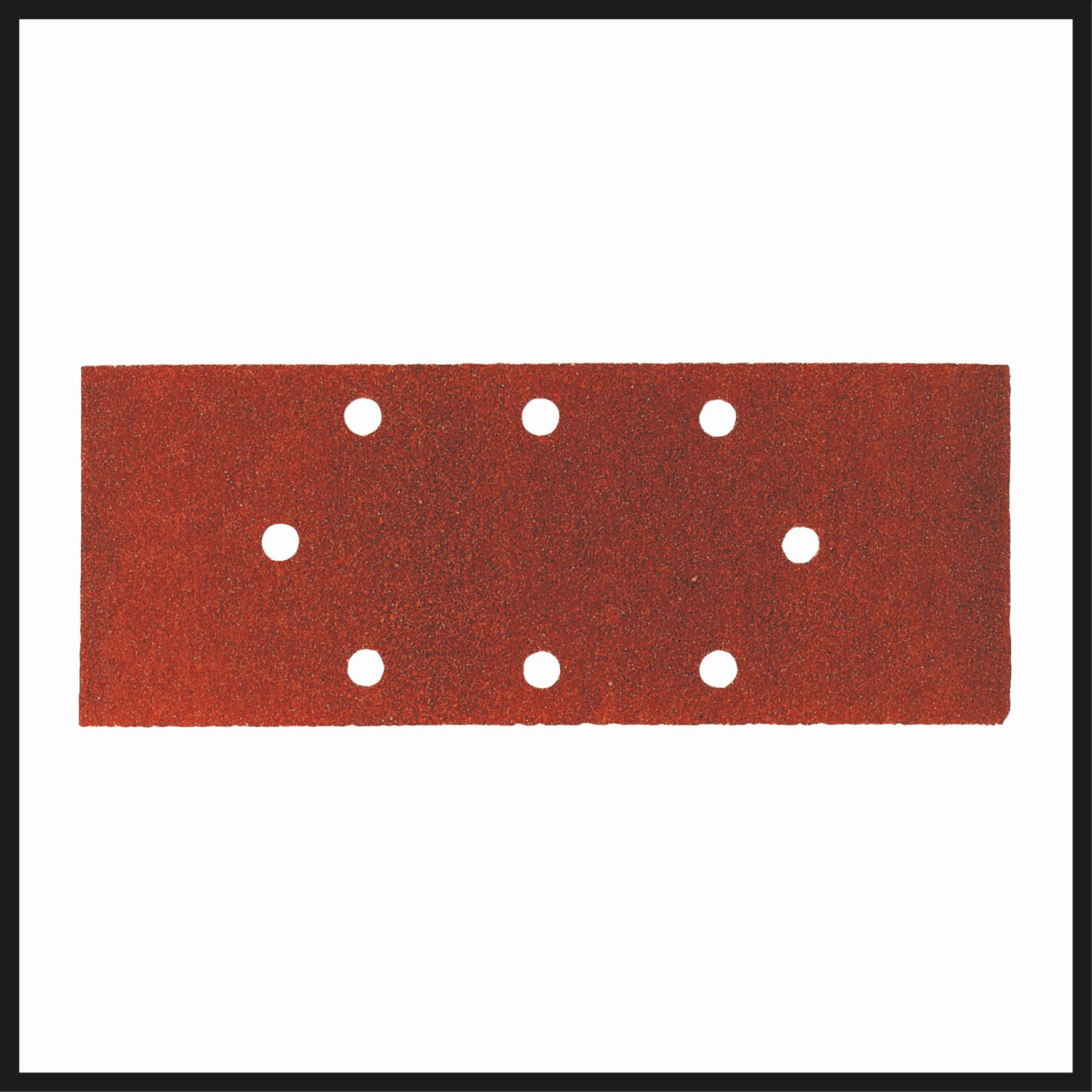 Czerwony klocek szlifierski z ośmioma białymi otworami na białym tle. Otacza go czarna obwódka.