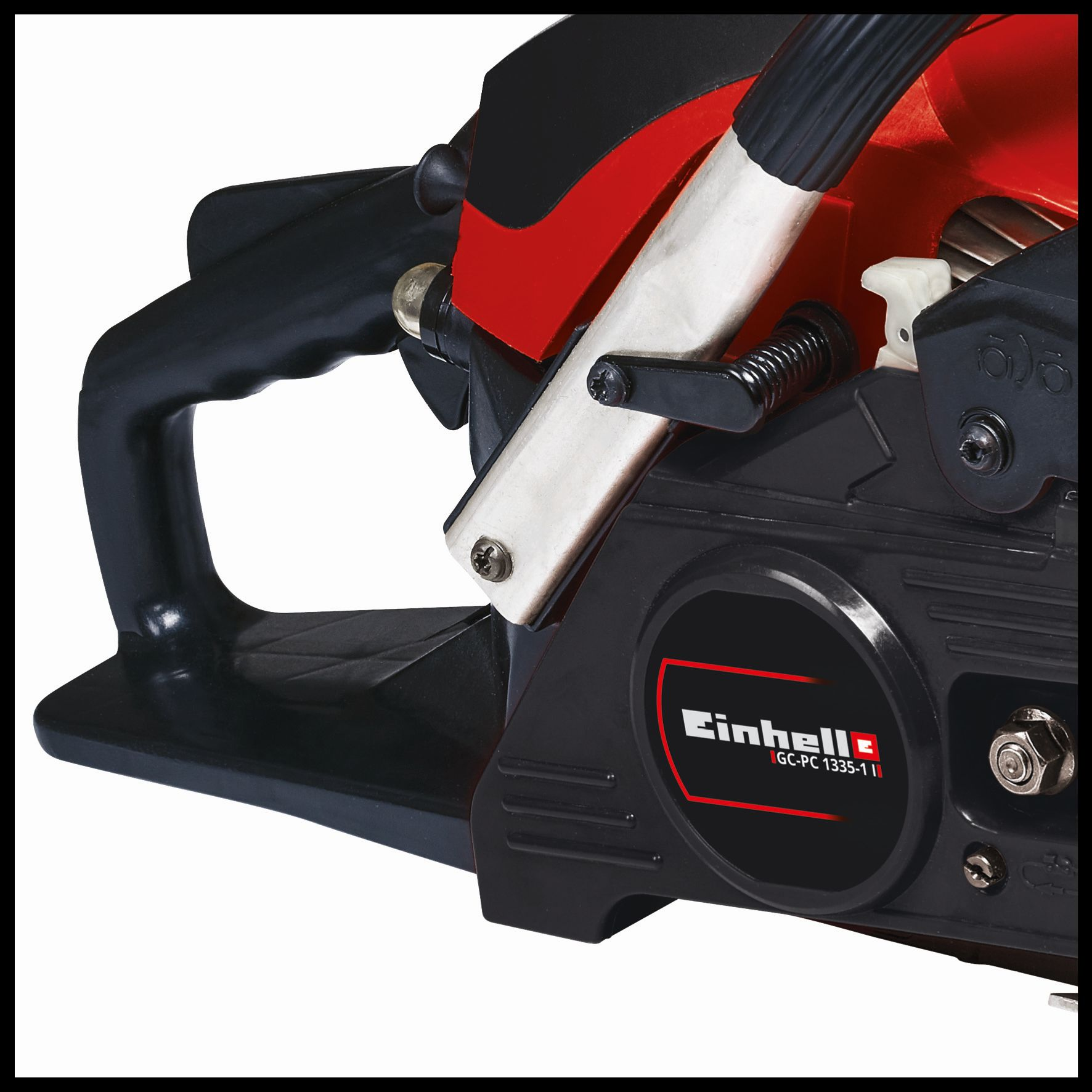 Rote und schwarze Kettensäge. Markenlabel Einhell. Schwarzer Griff und Motorgehäuse.