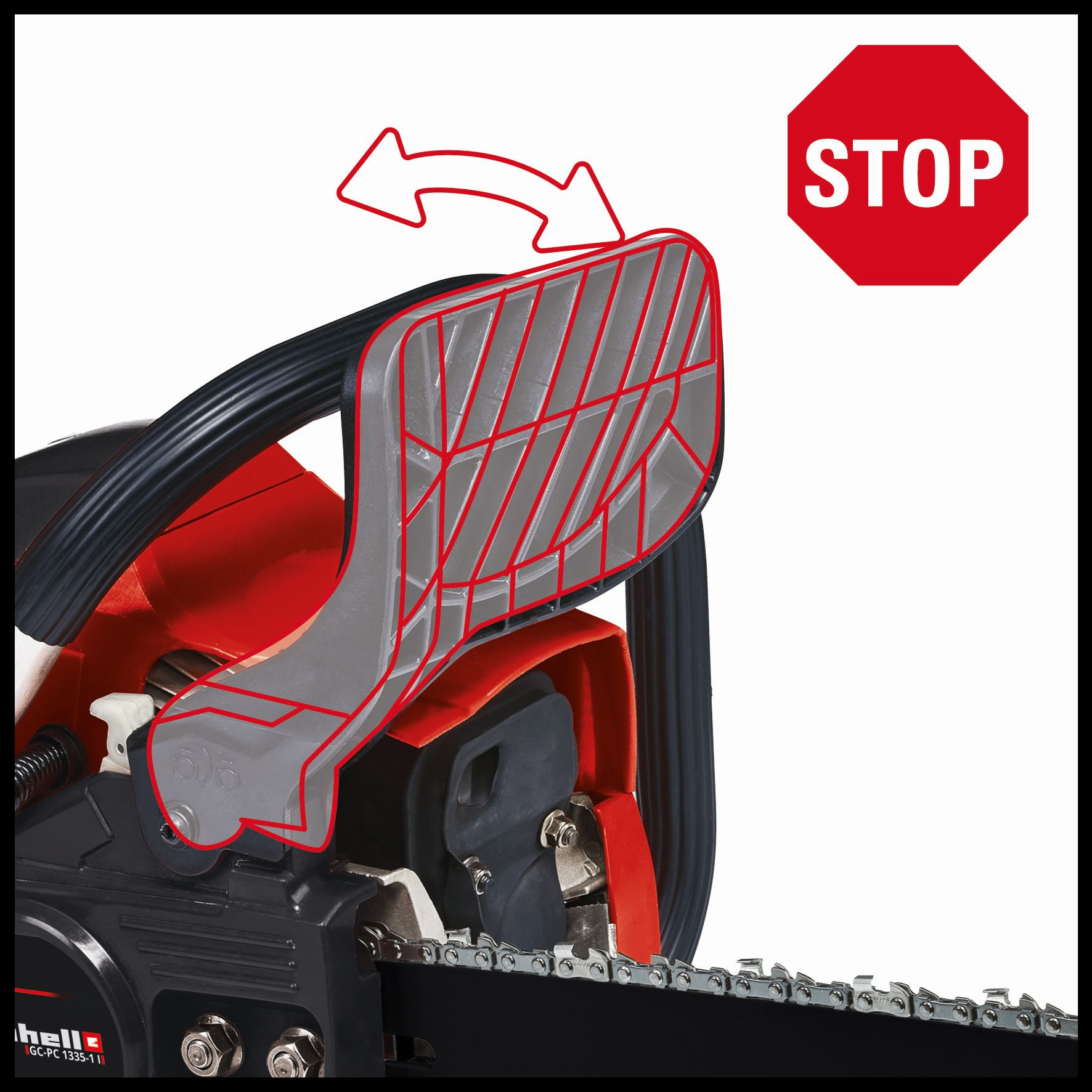 Kettensäge mit Schutz. Rotes Stoppschild im Hintergrund. Der Schutz ist grau mit roter Umrandung.