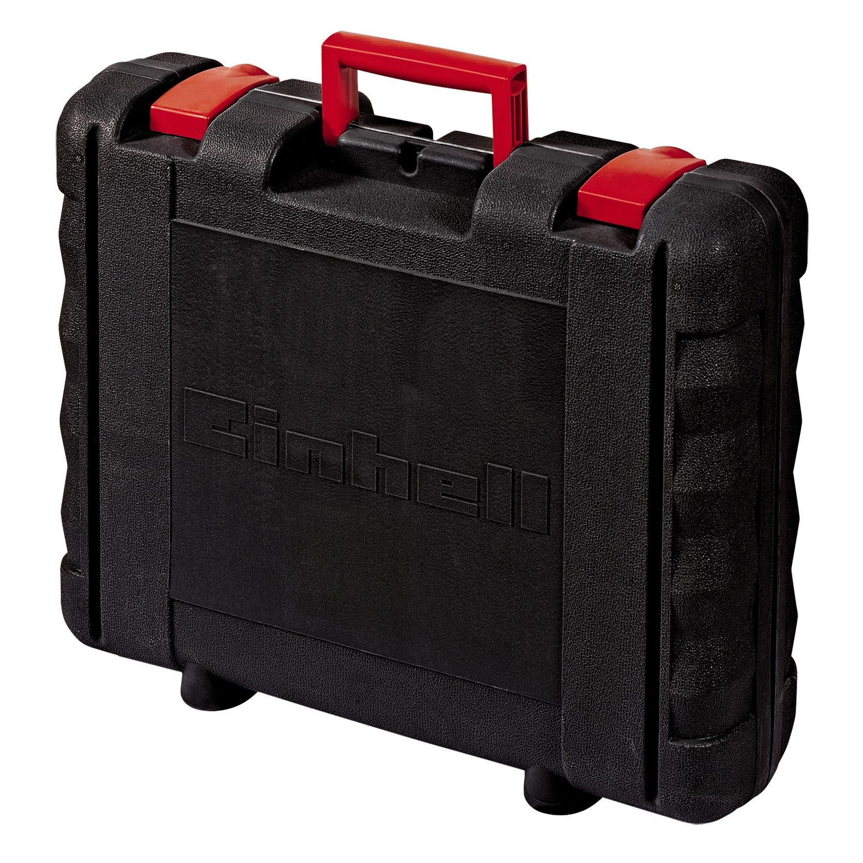 Czarna, prostokątna walizka na narzędzia z czerwonym uchwytem i zatrzaskami. Logo 'Einhell'.