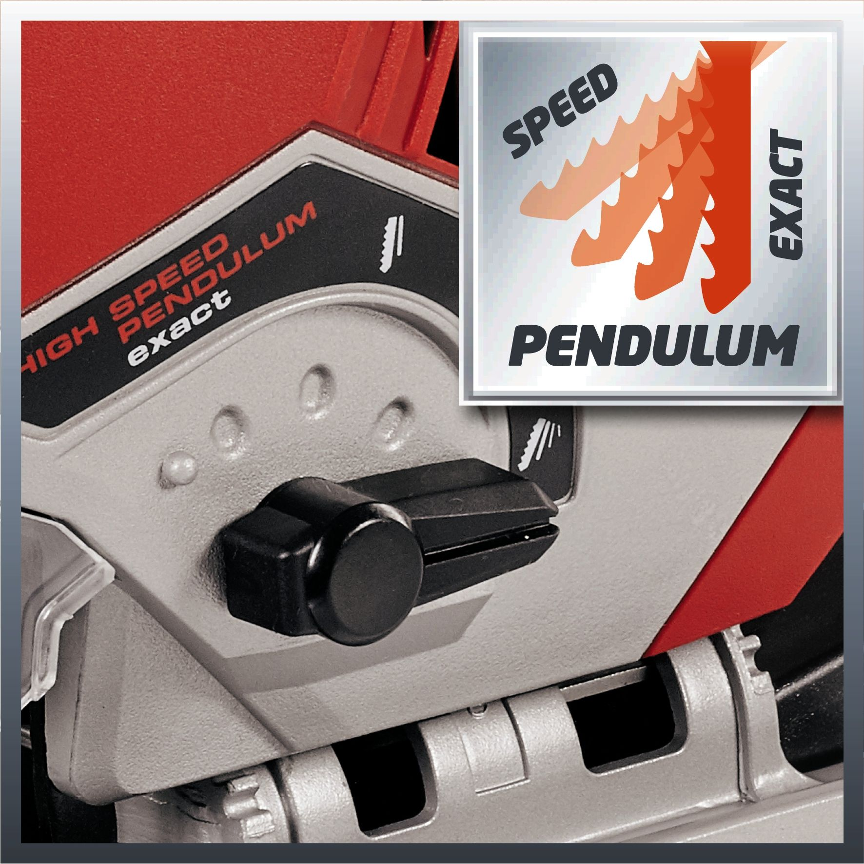 Zbliżenie elektronarzędzia z czarnym pokrętłem i tekstem o dużej prędkości wahadła.