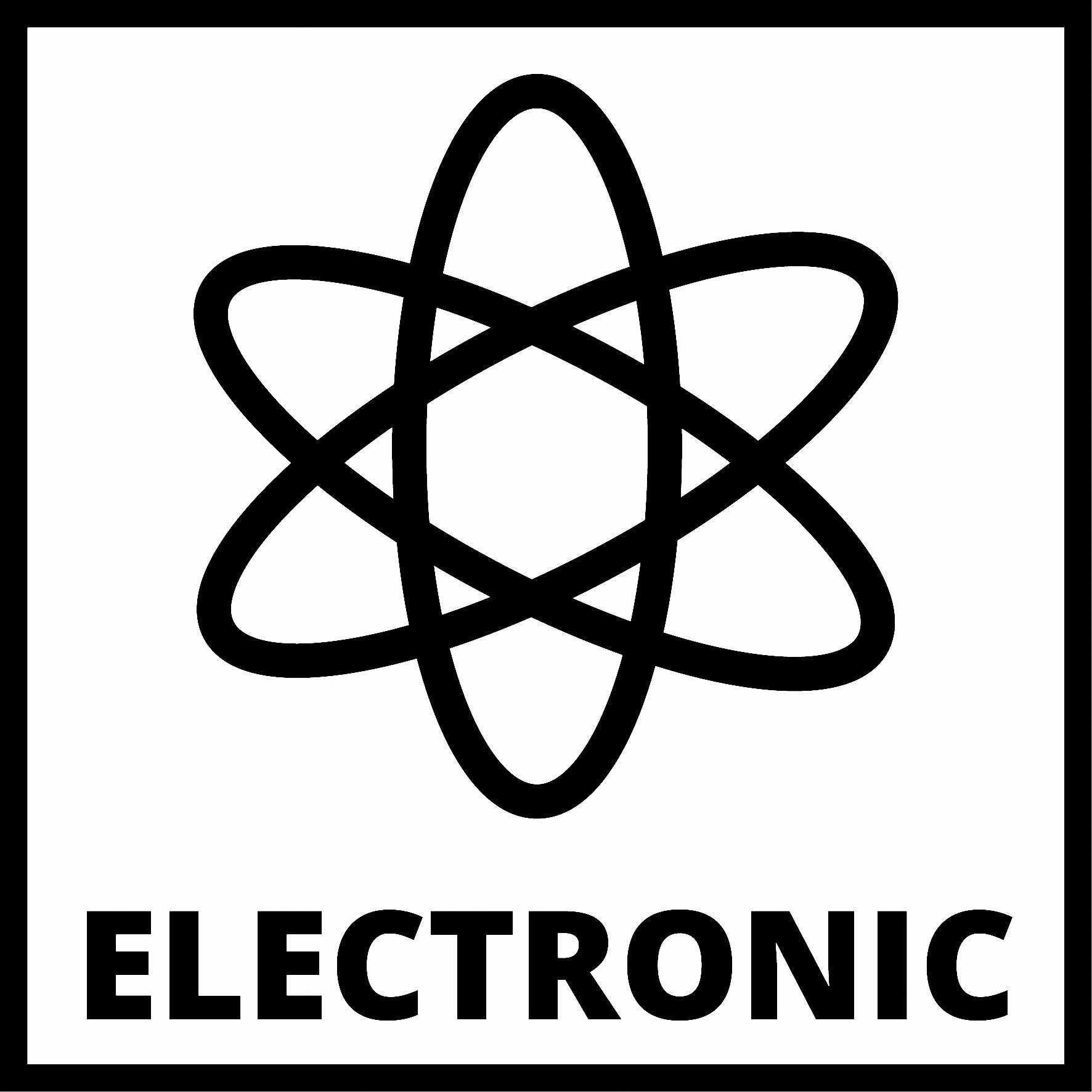 Czarno-biały symbol elektroniczny ze słowem ELECTRONIC poniżej.