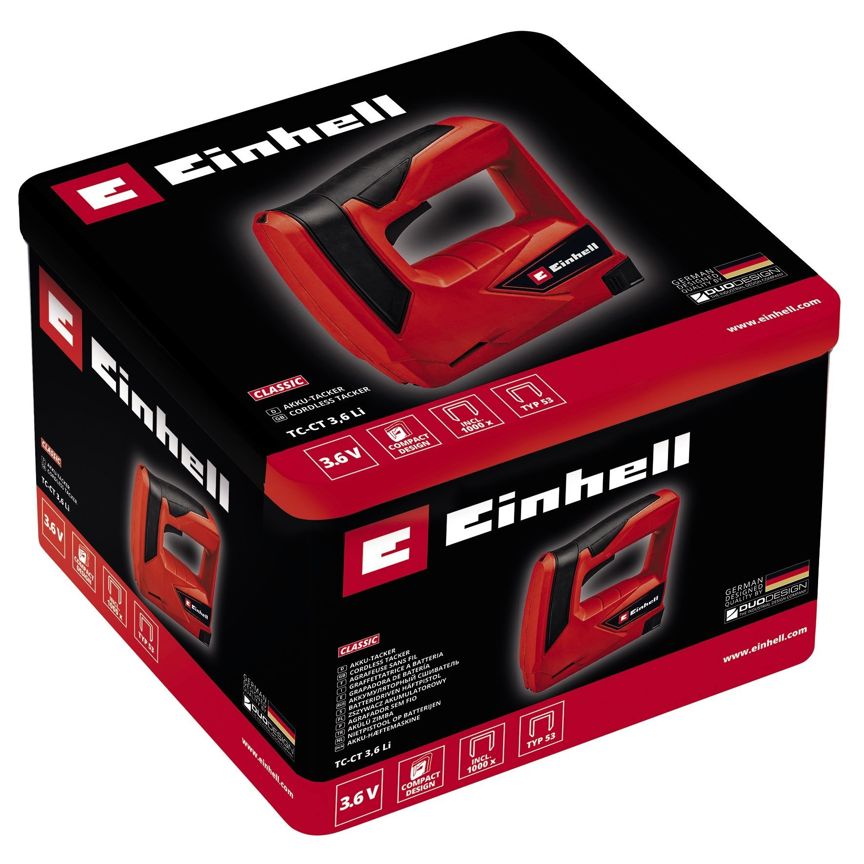 Scatola Einhell rossa e nera. Sparachiodi angolare. Sfondo nero.