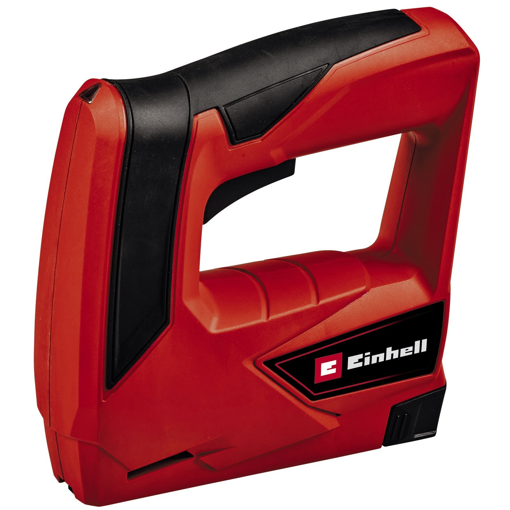 Pinzatrice Einhell rossa e nera. È uno strumento cordless con manico.