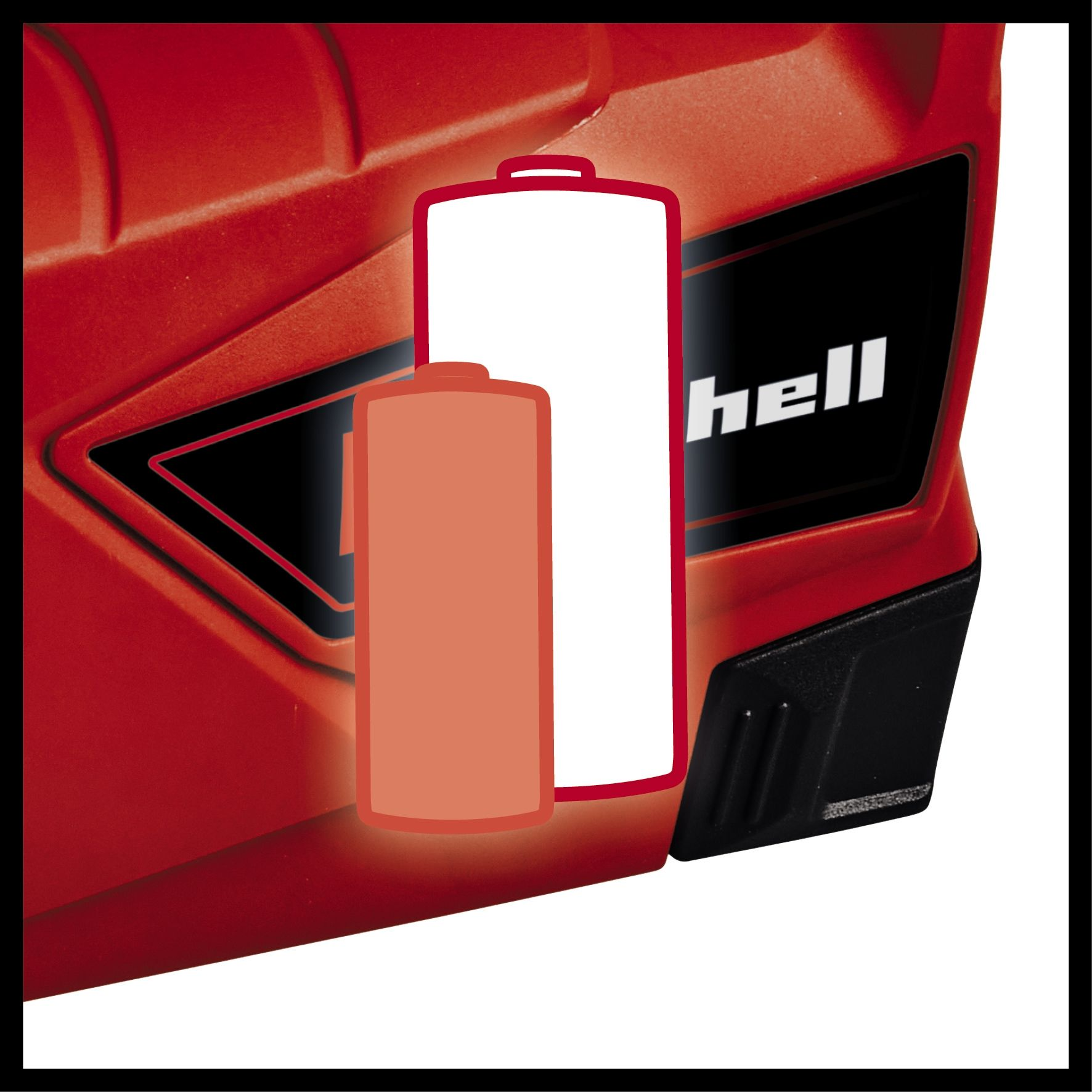 Primo piano di un utensile elettrico rosso con due icone della batteria. Una è piena, l'altra vuota.
