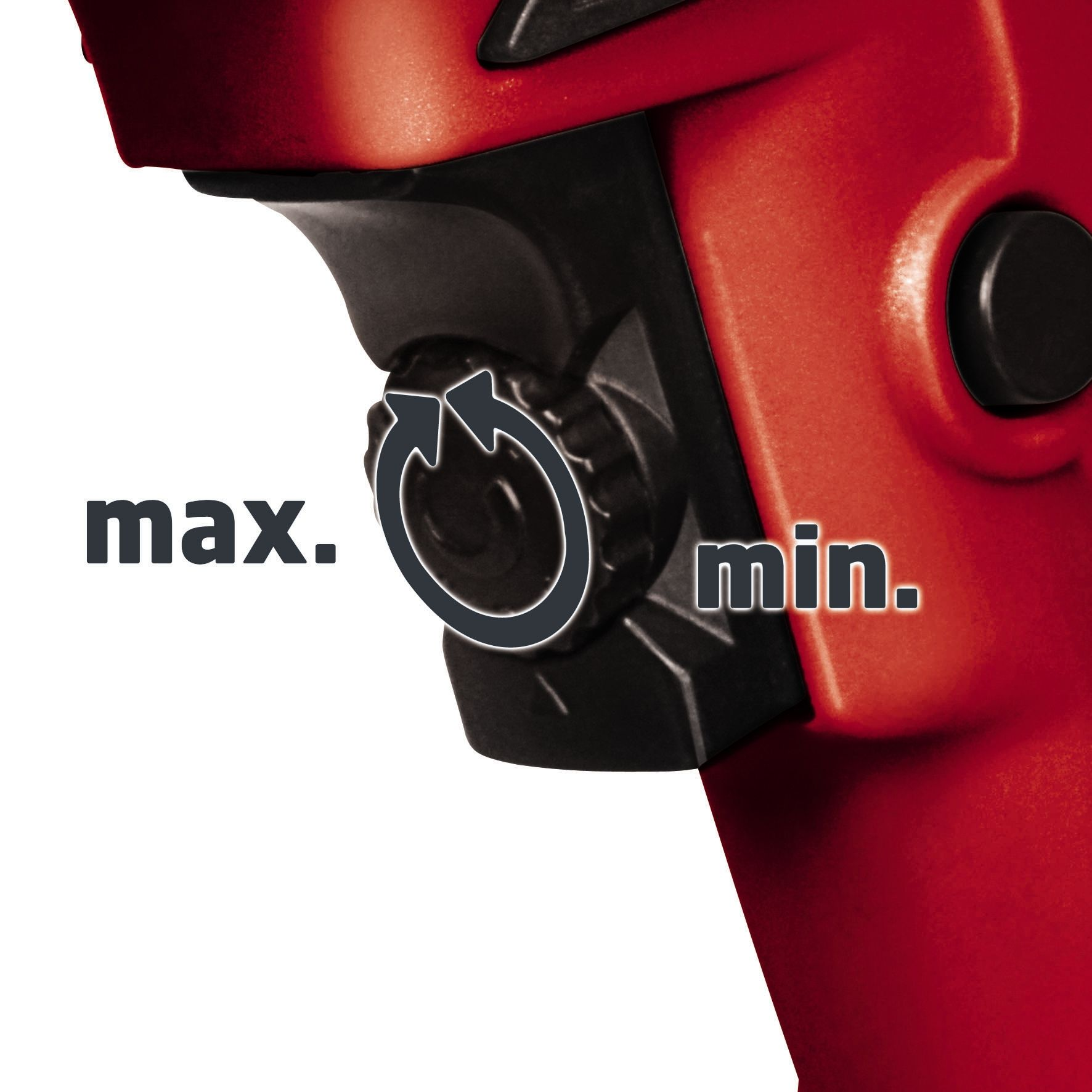 Nahaufnahme eines roten Elektrowerkzeugs mit einem Drehregler mit max. und min..