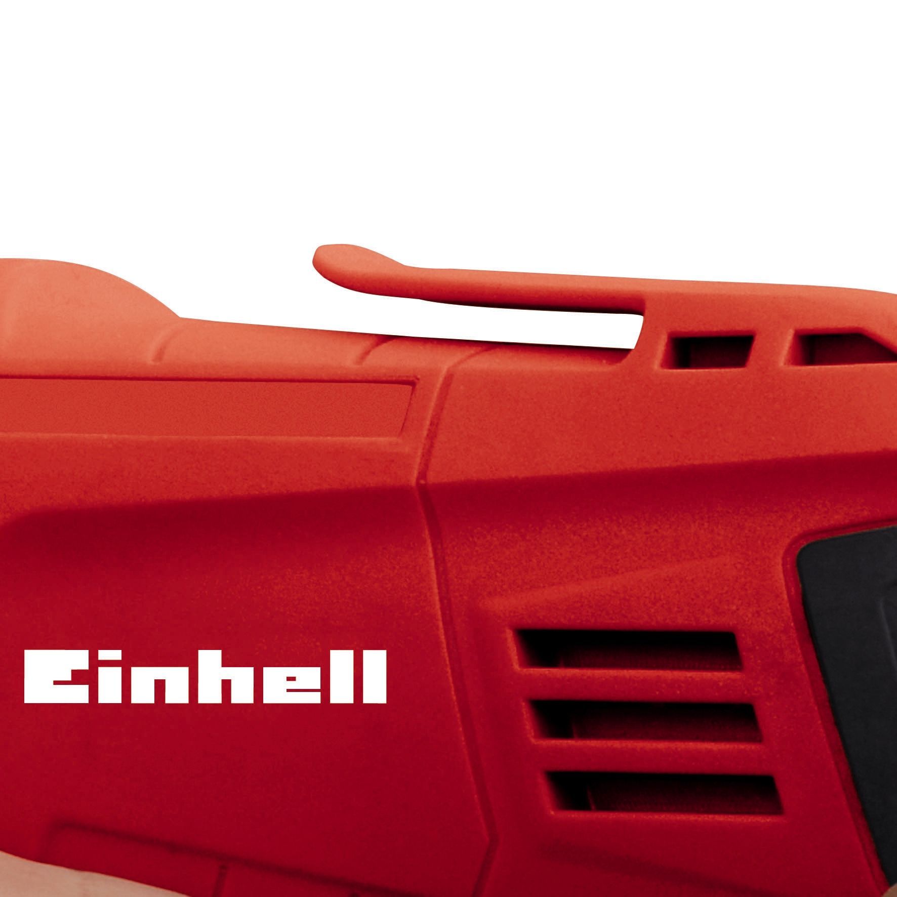 Rotes Elektrowerkzeug mit dem Markennamen Einhell. Weißer Hintergrund.