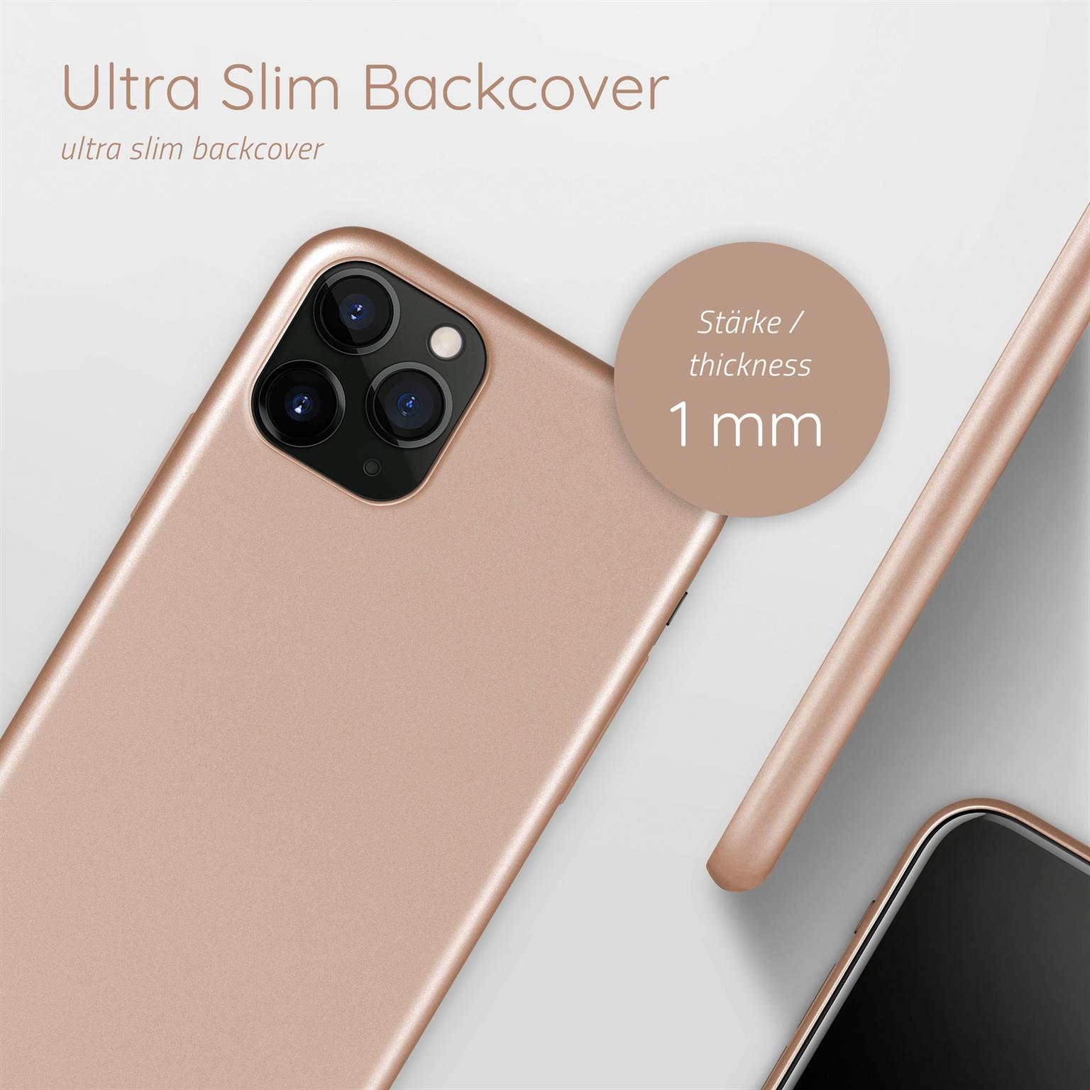 Eine roségoldene Handyhülle mit dem Text 'Ultra Slim Backcover' und '1 mm'.