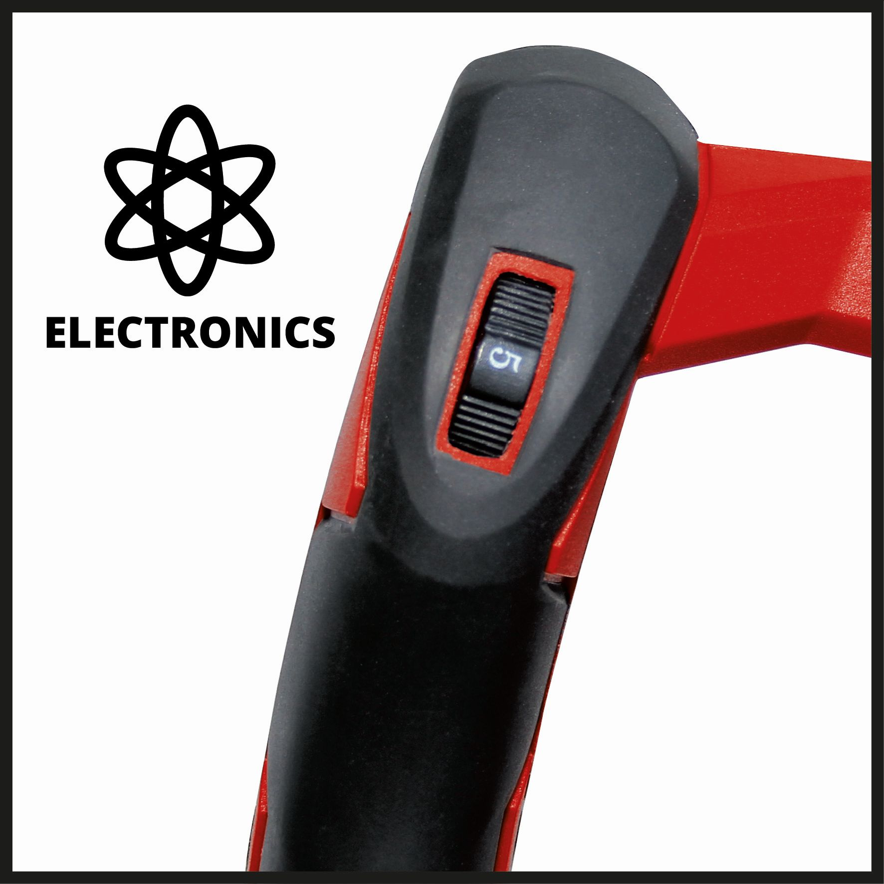 Schwarzes und rotes Elektrowerkzeug mit einem auf 5 eingestellten Drehknopf und einem stilisierten Elektroniklogo.