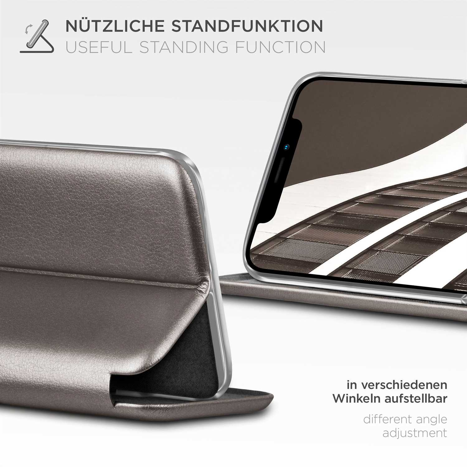 Telefon in einem Gehäuse in verschiedenen Winkeln. Text sagt, nützliche Standfunktion.