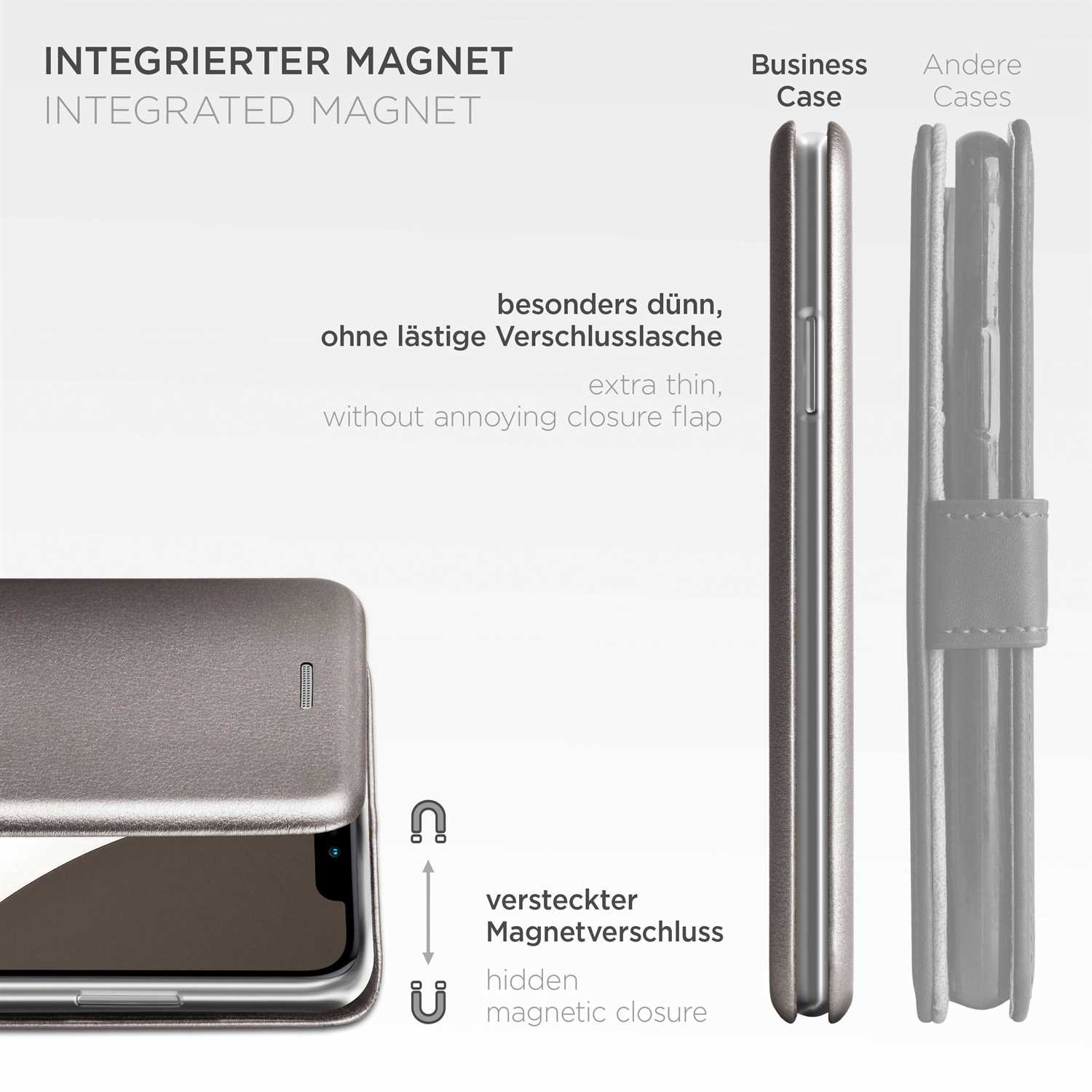 Handyhülle mit verstecktem Magnetverschluss. Weißer Hintergrund.