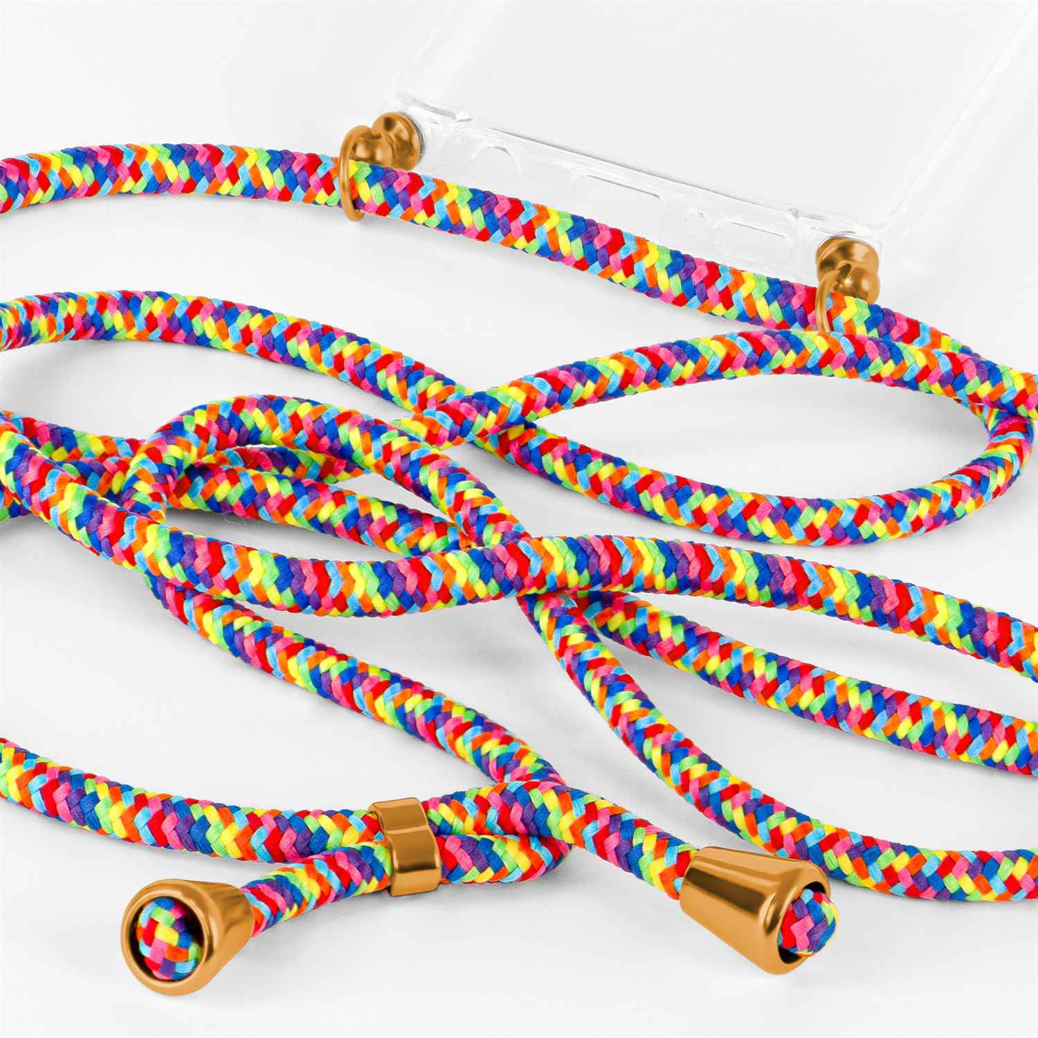 Nahaufnahme eines regenbogenfarbenen Telefon-Lanyards mit goldenen Akzenten, angeordnet auf weißem Hintergrund.