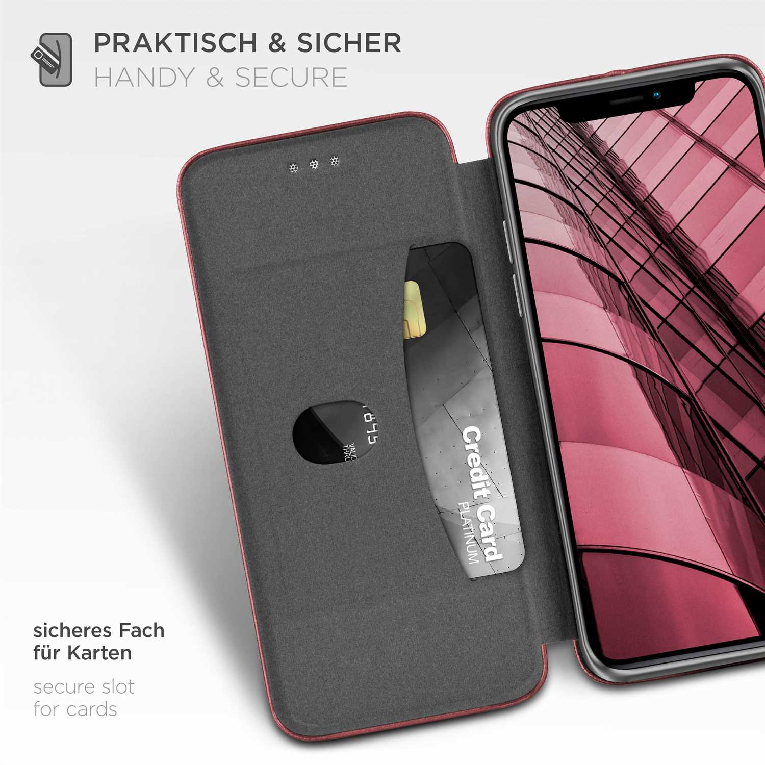 Handyhülle mit Kartenfach. Text: praktisch & sicher. Roter Rand.