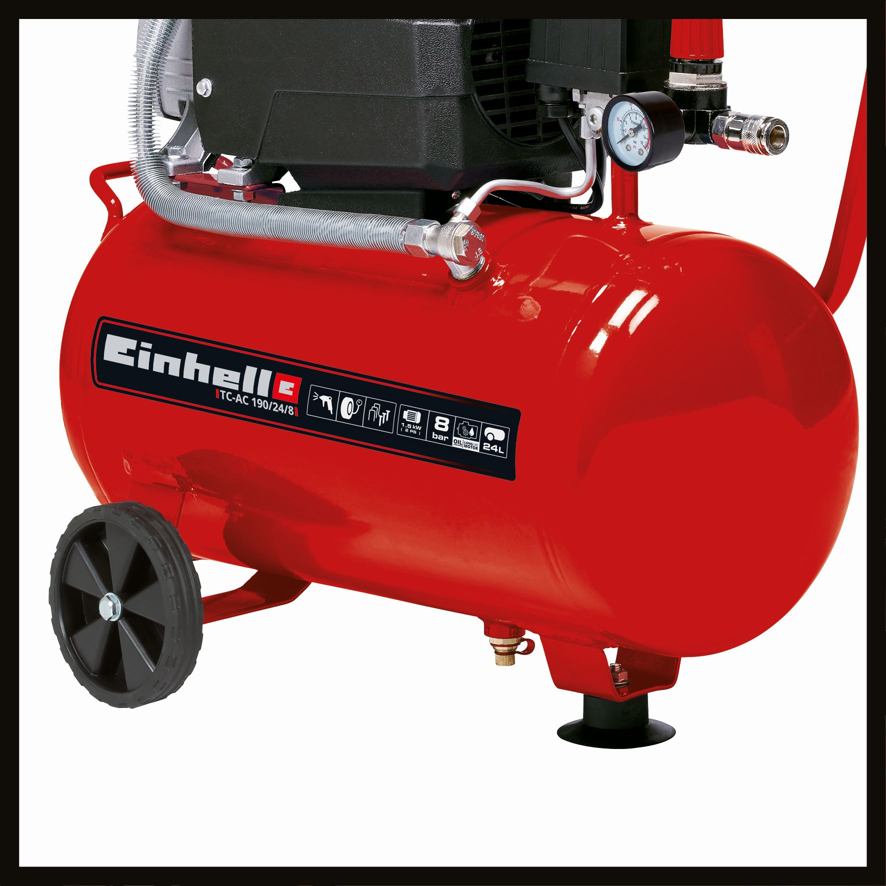 Compressore d'aria rosso con parte superiore nera, indicatori e ruote. Sfondo bianco.