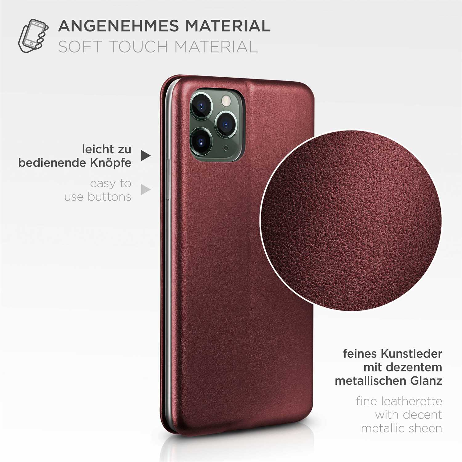 Burgunderfarbene Handyhülle mit Text über Soft-Touch-Material und einfach zu bedienende Knöpfe.