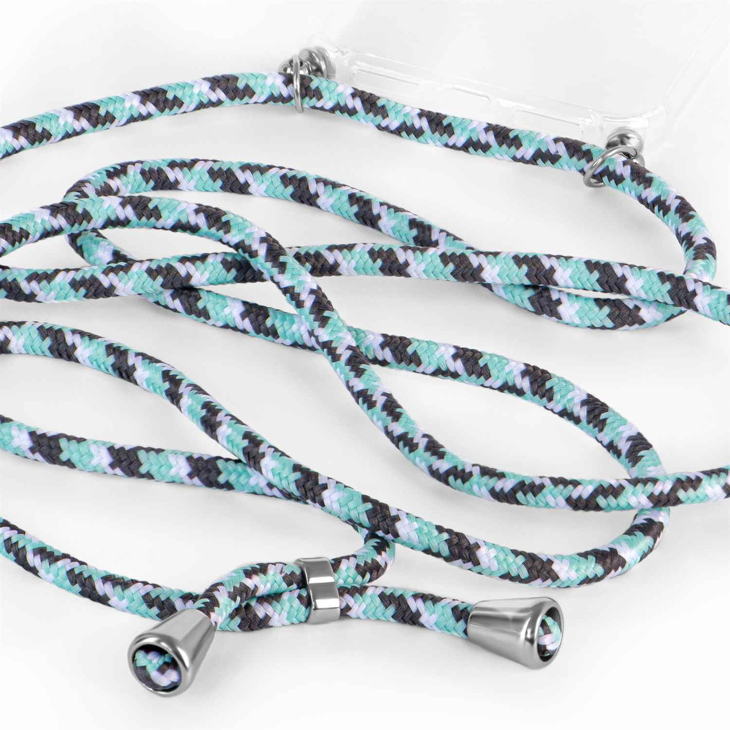 Ein Handy-Lanyard mit einem Muster aus Schwarz, Türkis und Weiß mit silbernen Metallenden.