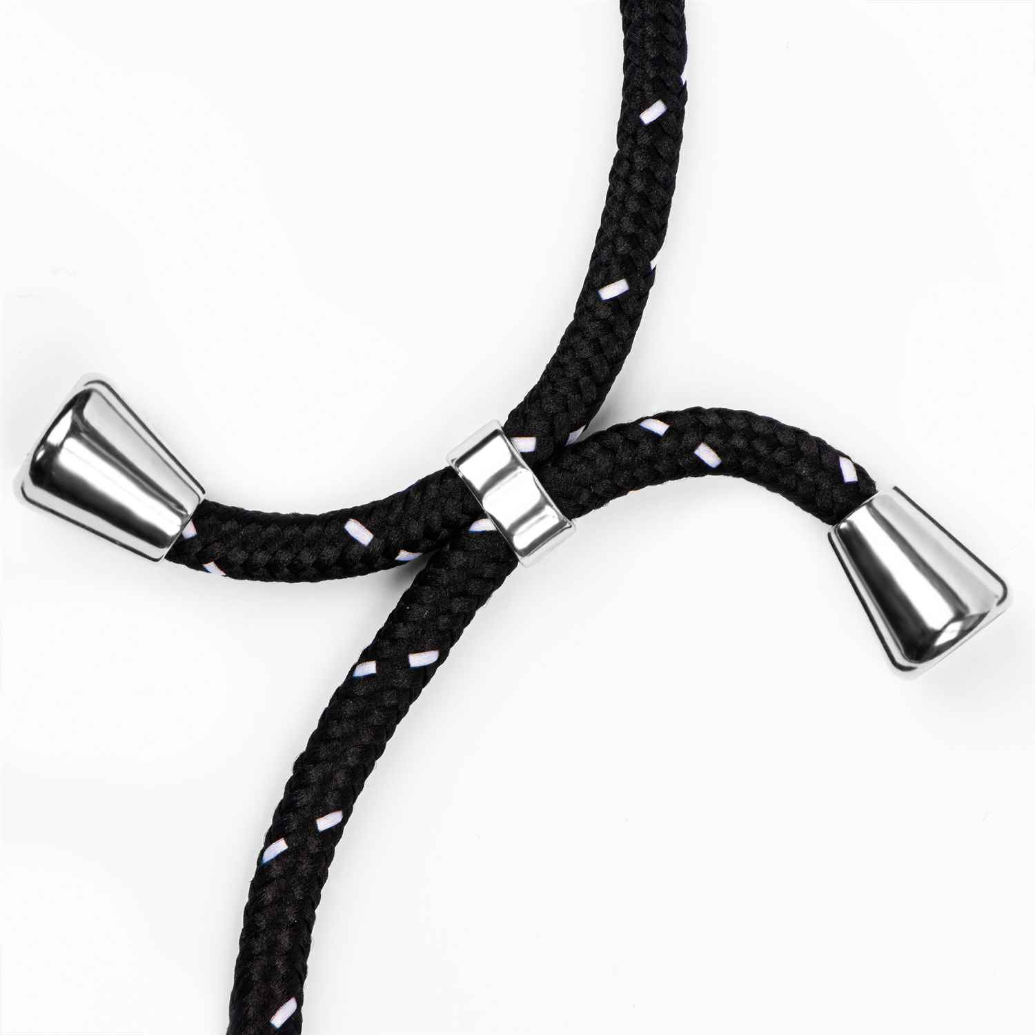 Nahaufnahme eines schwarzen Telefon-Lanyards mit weißen Punkten und silbernen Metallenden.