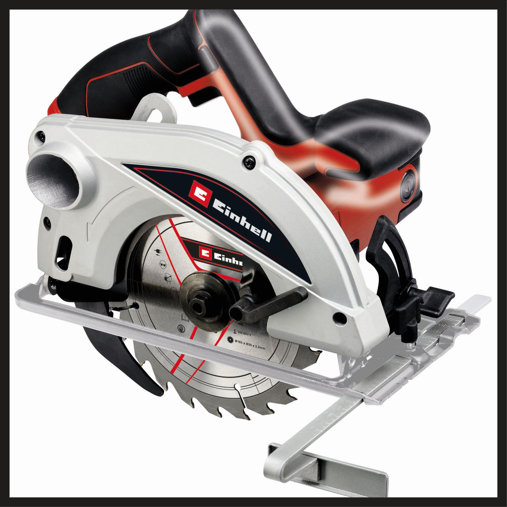 Piła tarczowa na białym tle, czarne i czerwone detale.