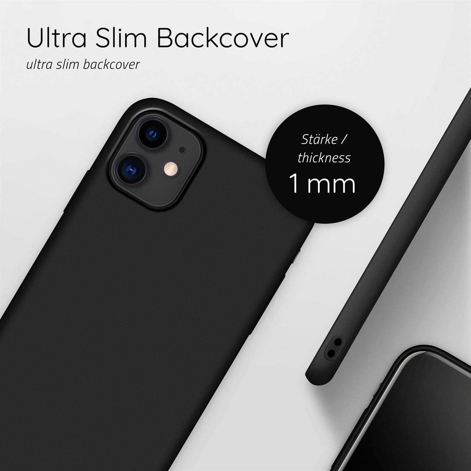 Nahaufnahme einer schwarzen Handyhülle, Text 'Ultra Slim Backcover', 1 mm Dicke.