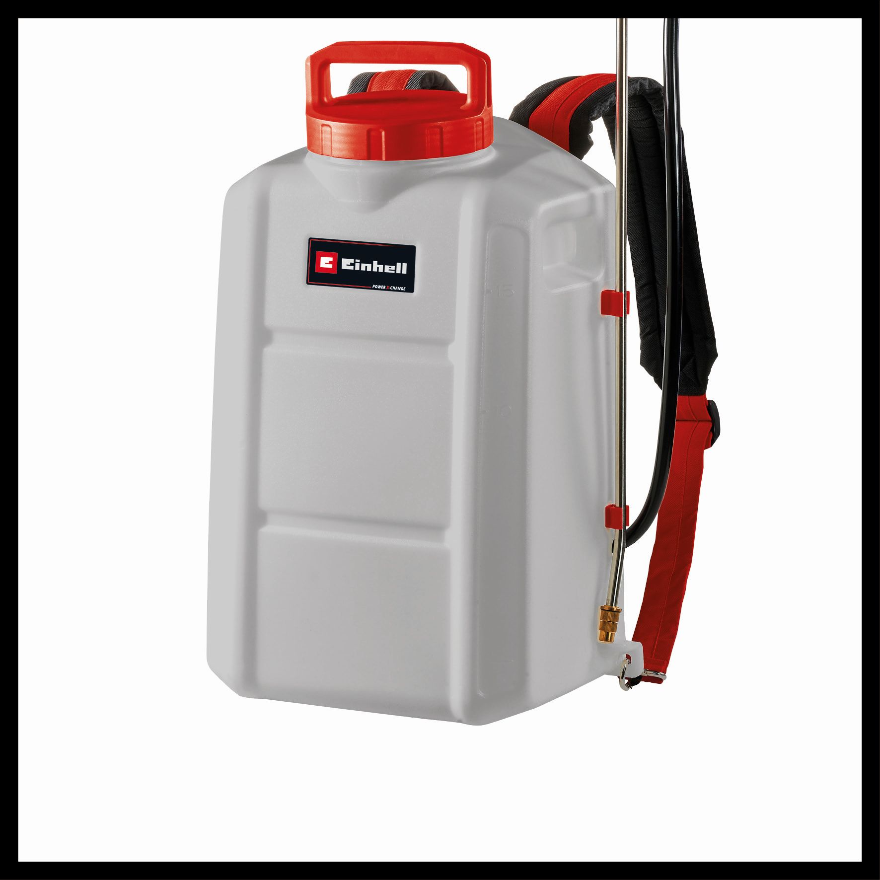 Spruzzatore a zaino Einhell bianco e rosso con manico rosso e cinghie nere.