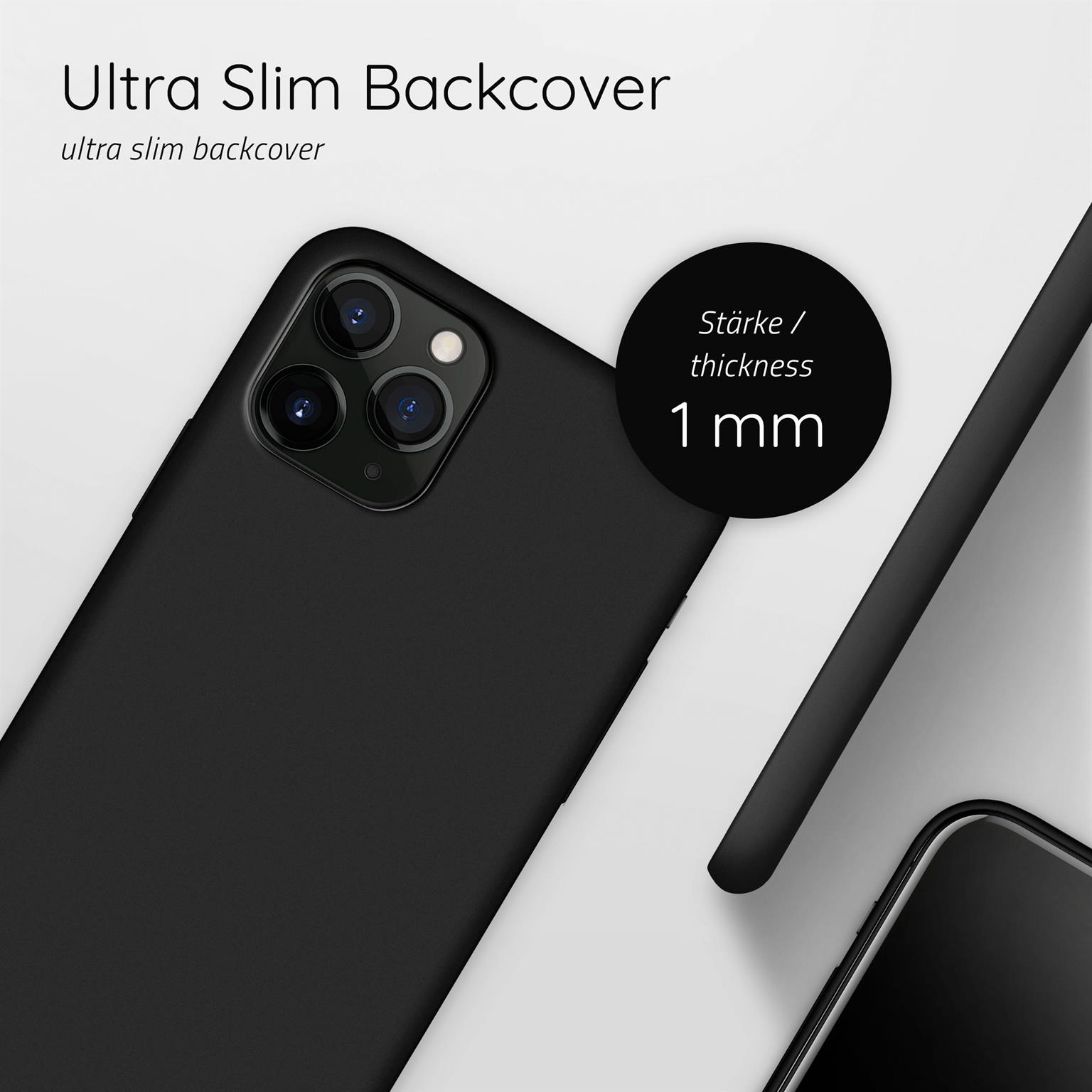 Schwarze Handyhülle auf weißer Oberfläche mit dem Text 'Ultra Slim Backcover'.