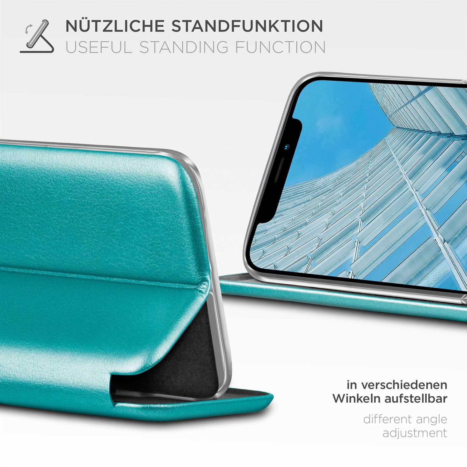 Telefon mit türkisfarbener Hülle im Ständermodus, zeigt Gebäudeansicht aus der Höhe.