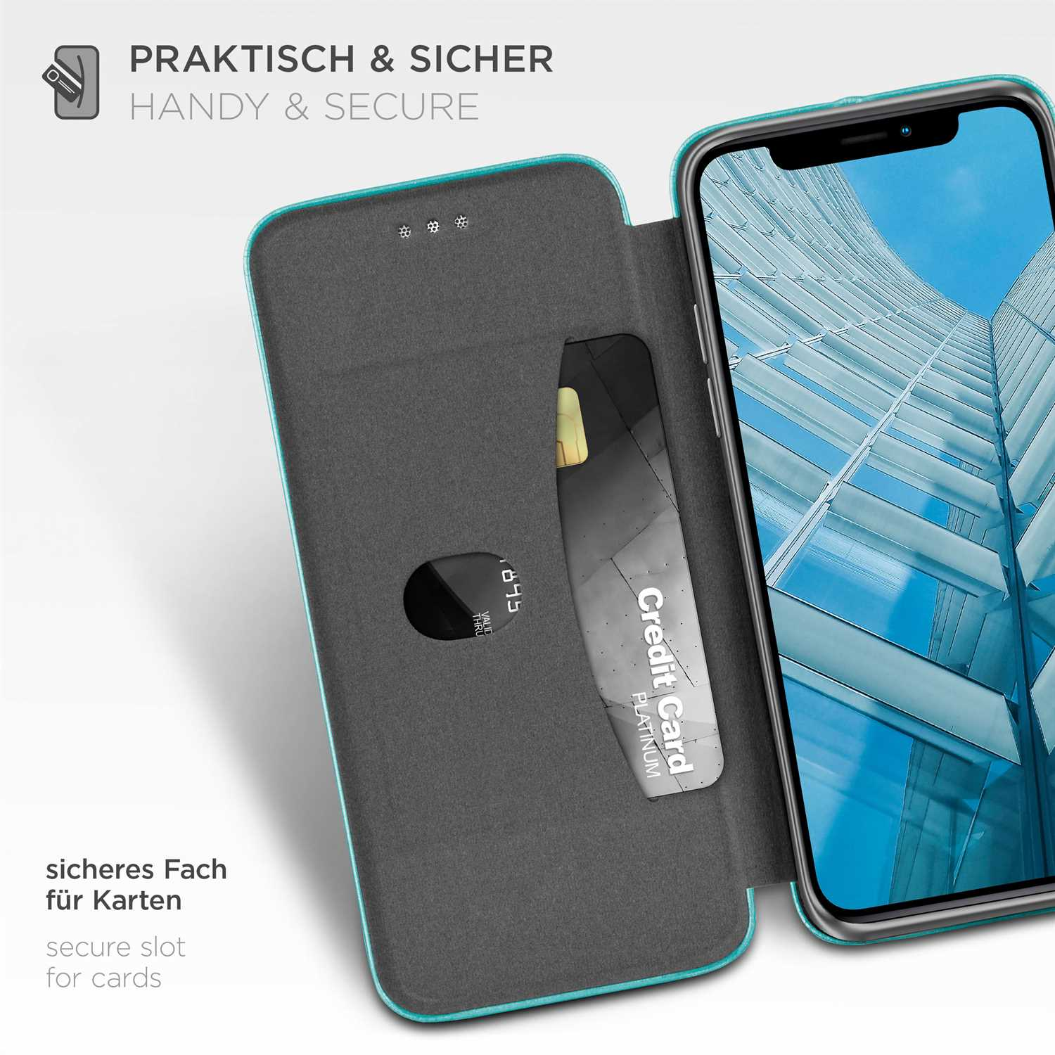 Smartphone-Hülle mit Kreditkarte, sicher im Brieftaschen-Design, geöffnet, um das Telefon zu zeigen.
