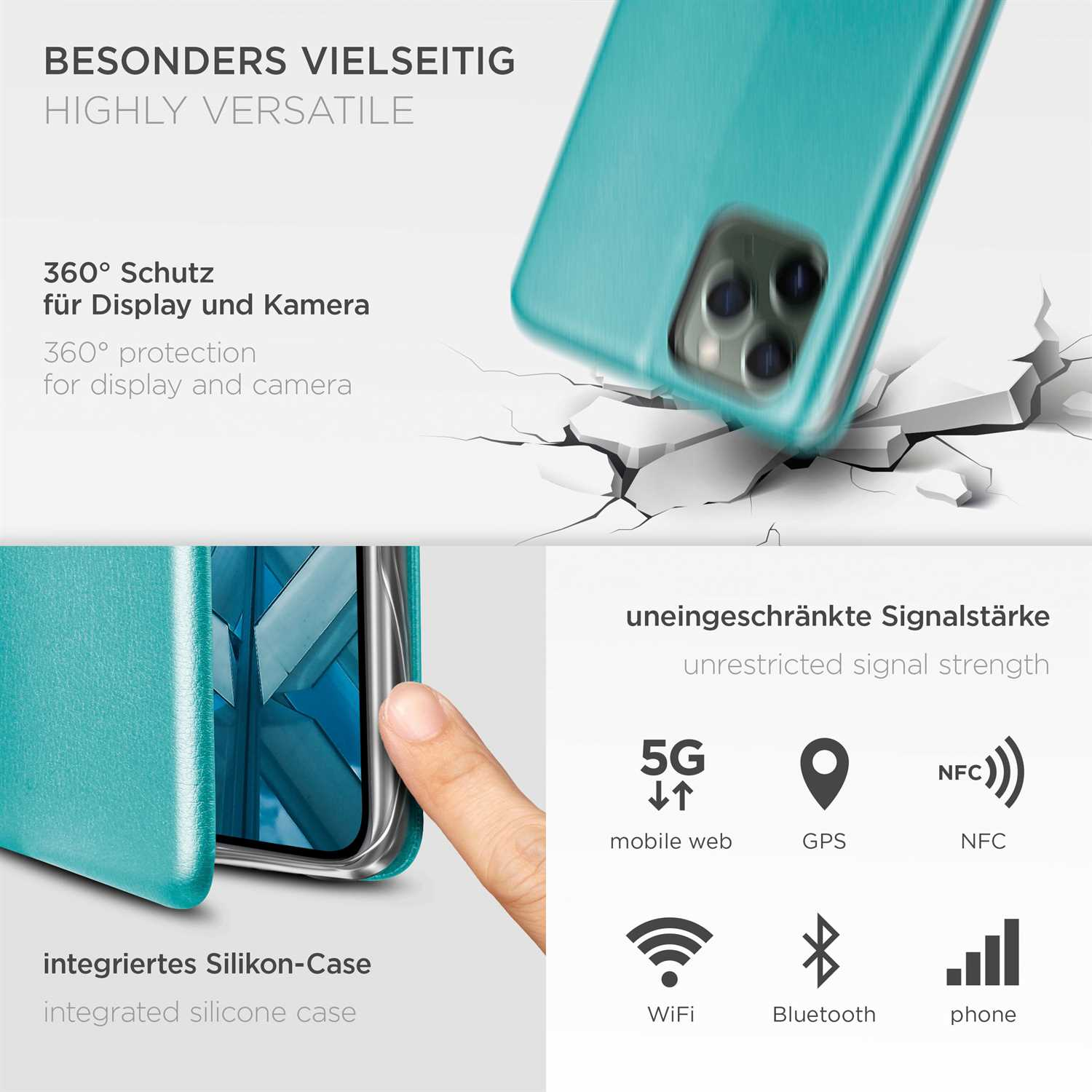 Handyhülle mit Marketingtext, mit visuellen Hilfen zu Funktionen wie 5G und NFC.