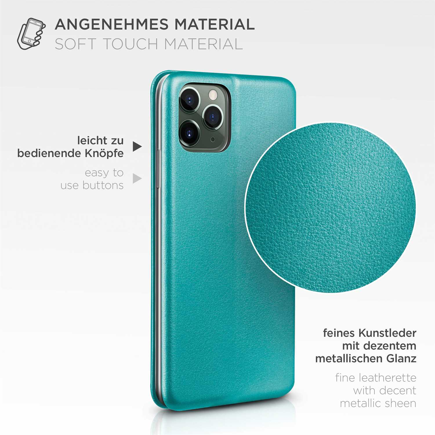 Türkisfarbene Handyhülle mit Telefon. Türkisfarbenes Gehäuse mit Text über Soft-Touch-Material und einfach zu bedienende Tasten.