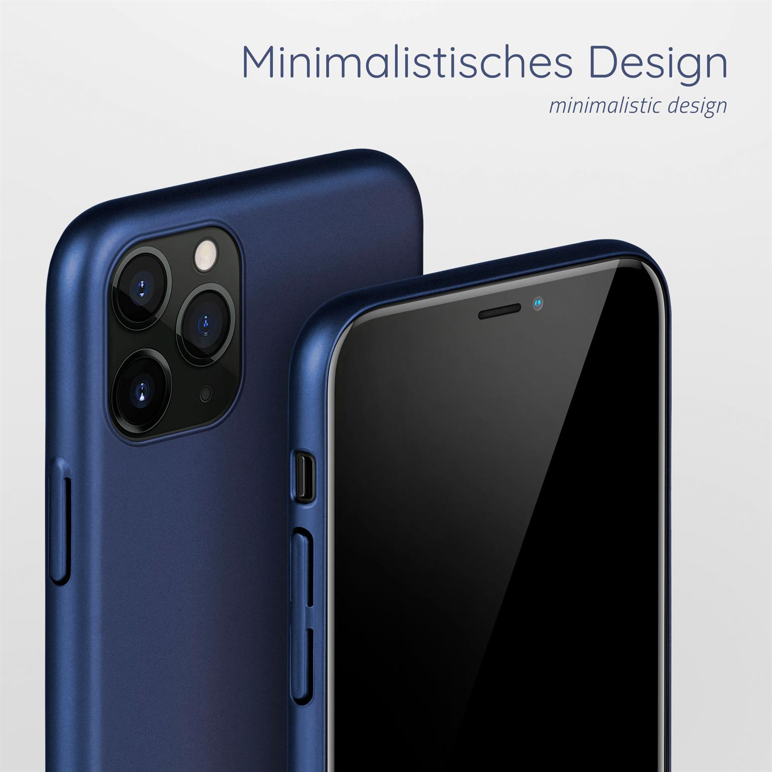 Zwei blaue Handyhüllen. Die linke ist matt. Die andere ist auf einem Telefon.