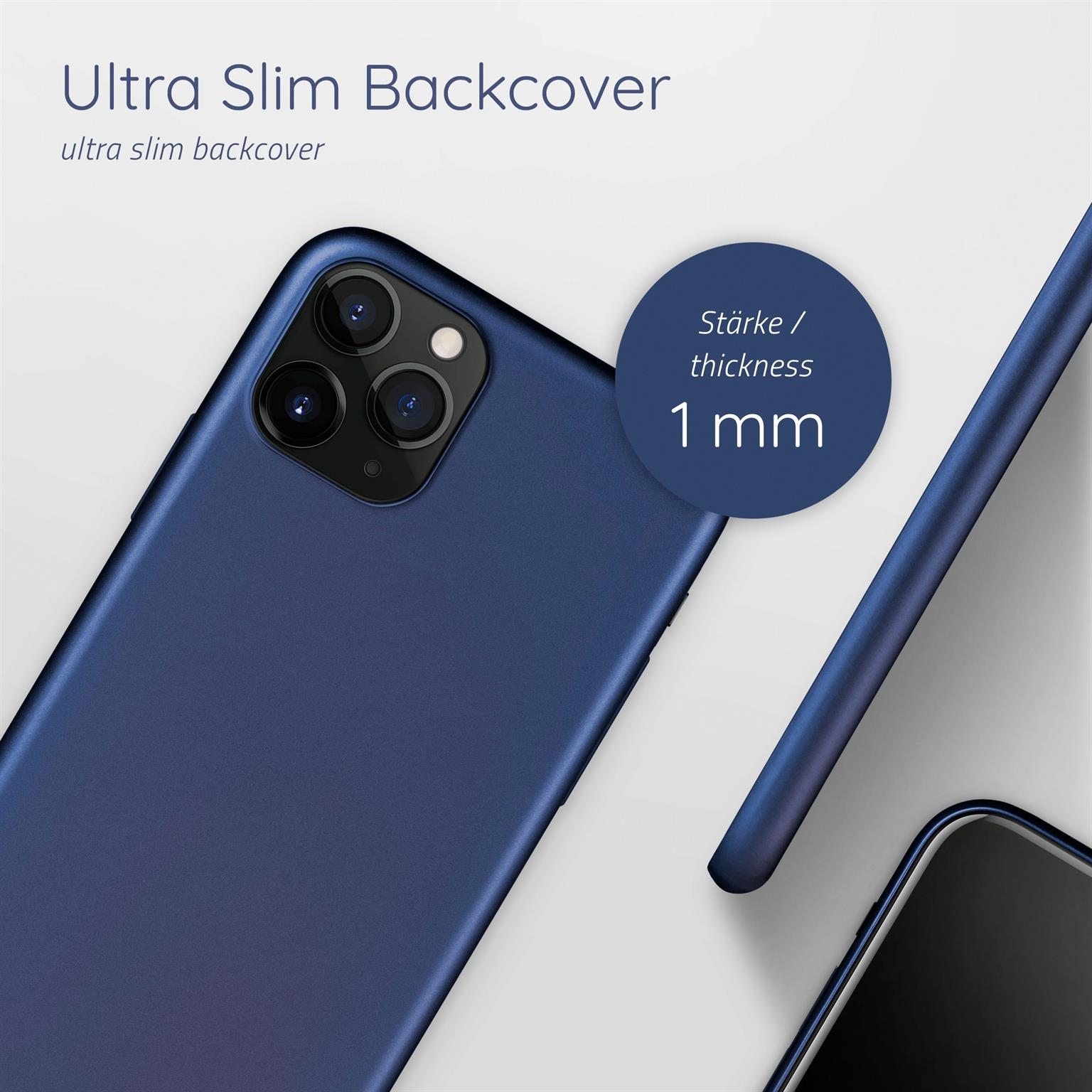 Ein dunkelblaues Telefon mit dem Text 'Ultra Slim Backcover' und '1 mm Dicke'.