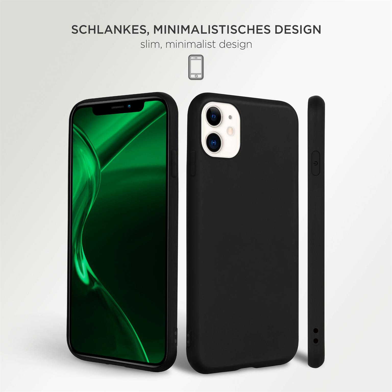 Schwarze Handyhülle mit iPhone auf weißem Hintergrund. Text: schlankes Design.