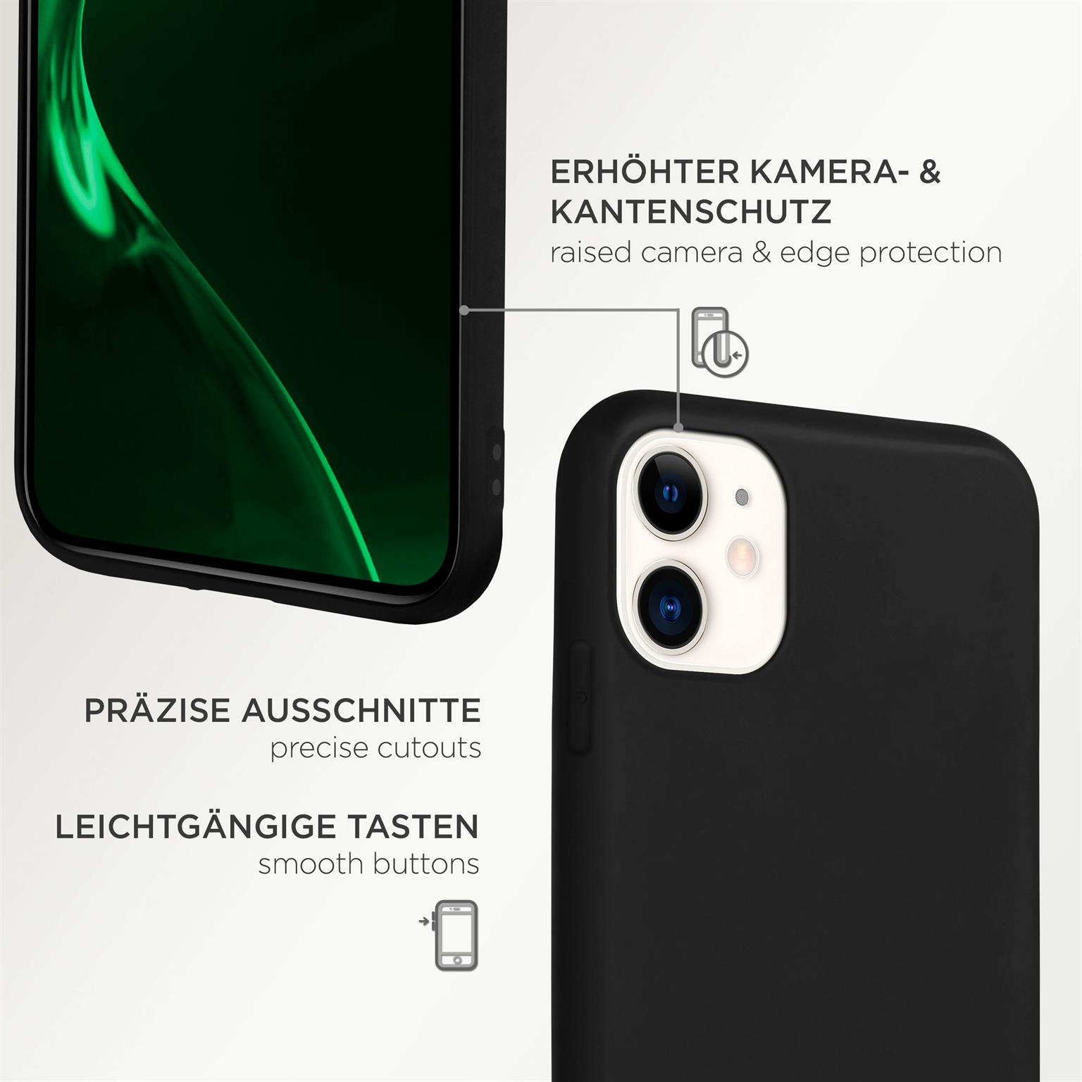 Schwarze Handyhülle, präzise Aussparungen, erhöhter Kameraschutz. Weißer Hintergrund.