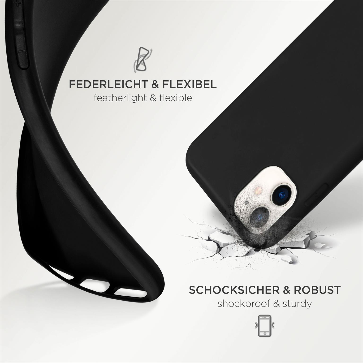 Schwarze Handyhülle. Text sagt 'Federleicht & Flexibel' und 'Schocksicher & Robust'.