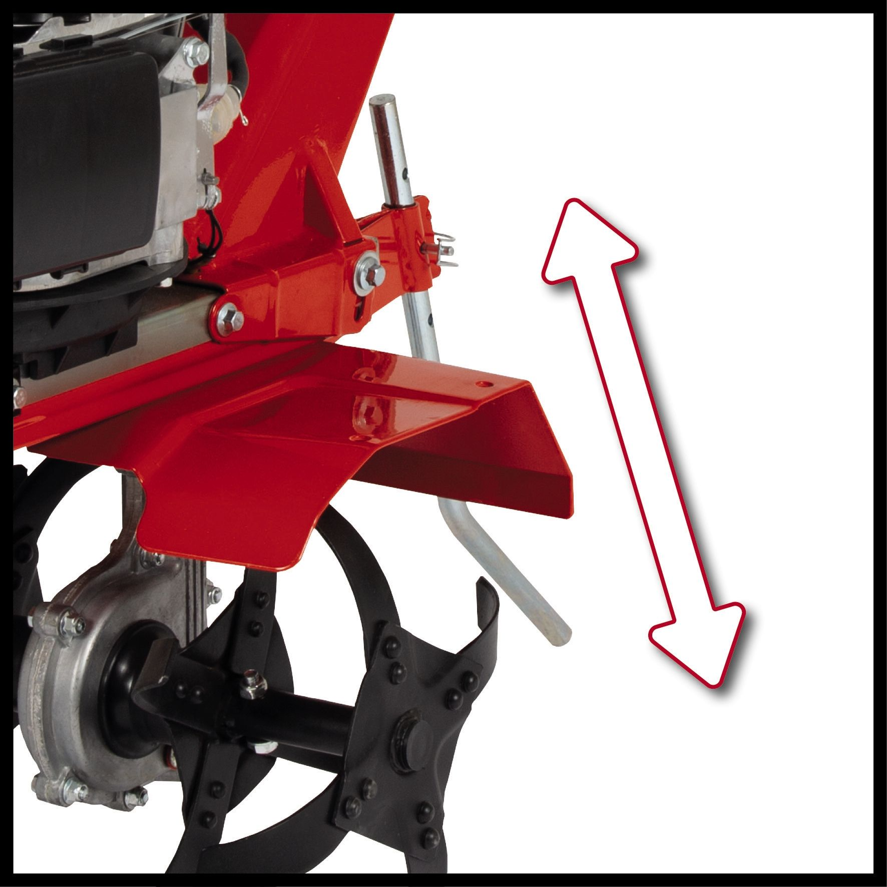 Motozappa rossa con freccia che indica un'azione, su sfondo bianco.