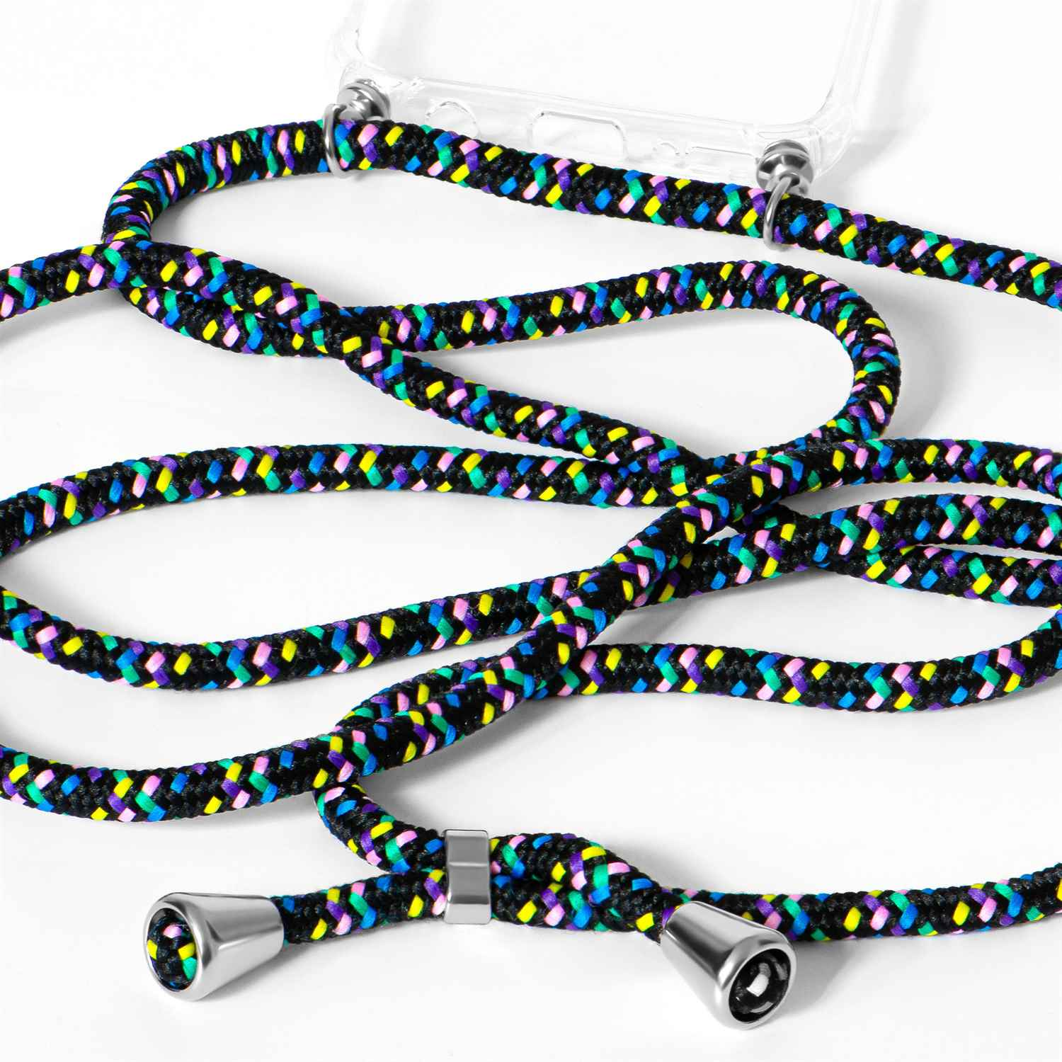 Ein Telefonkabel mit einem lebendigen Muster aus Farben, Schwarz, Blau, Gelb und Grün, mit Metallenden.