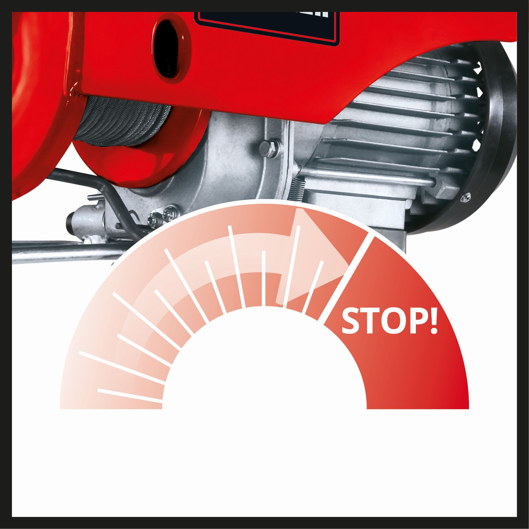 Rote elektrische Seilwinde mit Stopp-Anzeige. Die Anzeige zeigt die Stopp-Position.