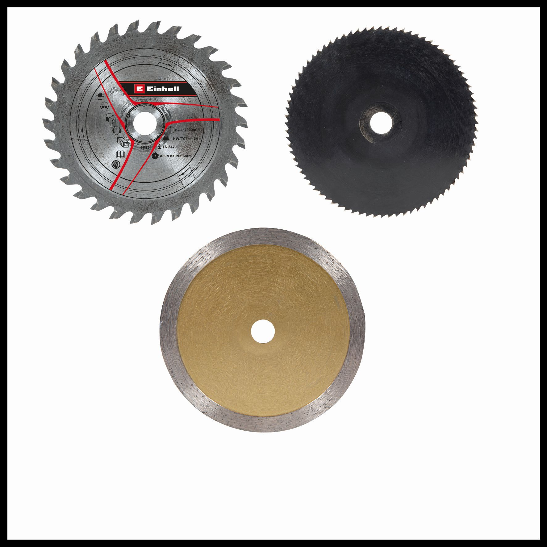 Trzy tarcze piły tarczowej. Jedna jest srebrna z czerwonymi oznaczeniami. Druga jest czarna. Trzecia jest złota.