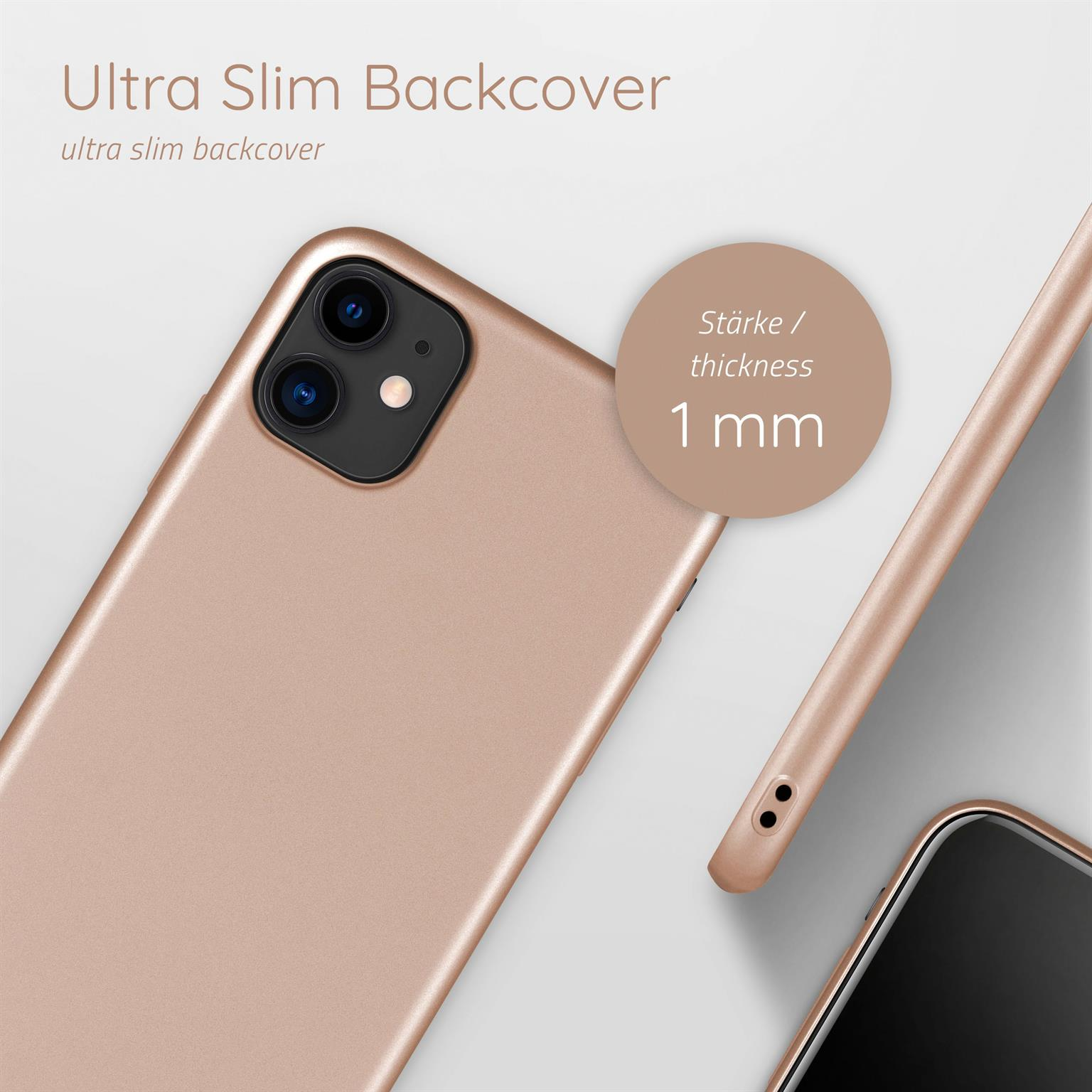 Roségoldenes Handycase, mit einem Etikett, das eine Dicke von 1 mm angibt. Das Telefon wird gezeigt.