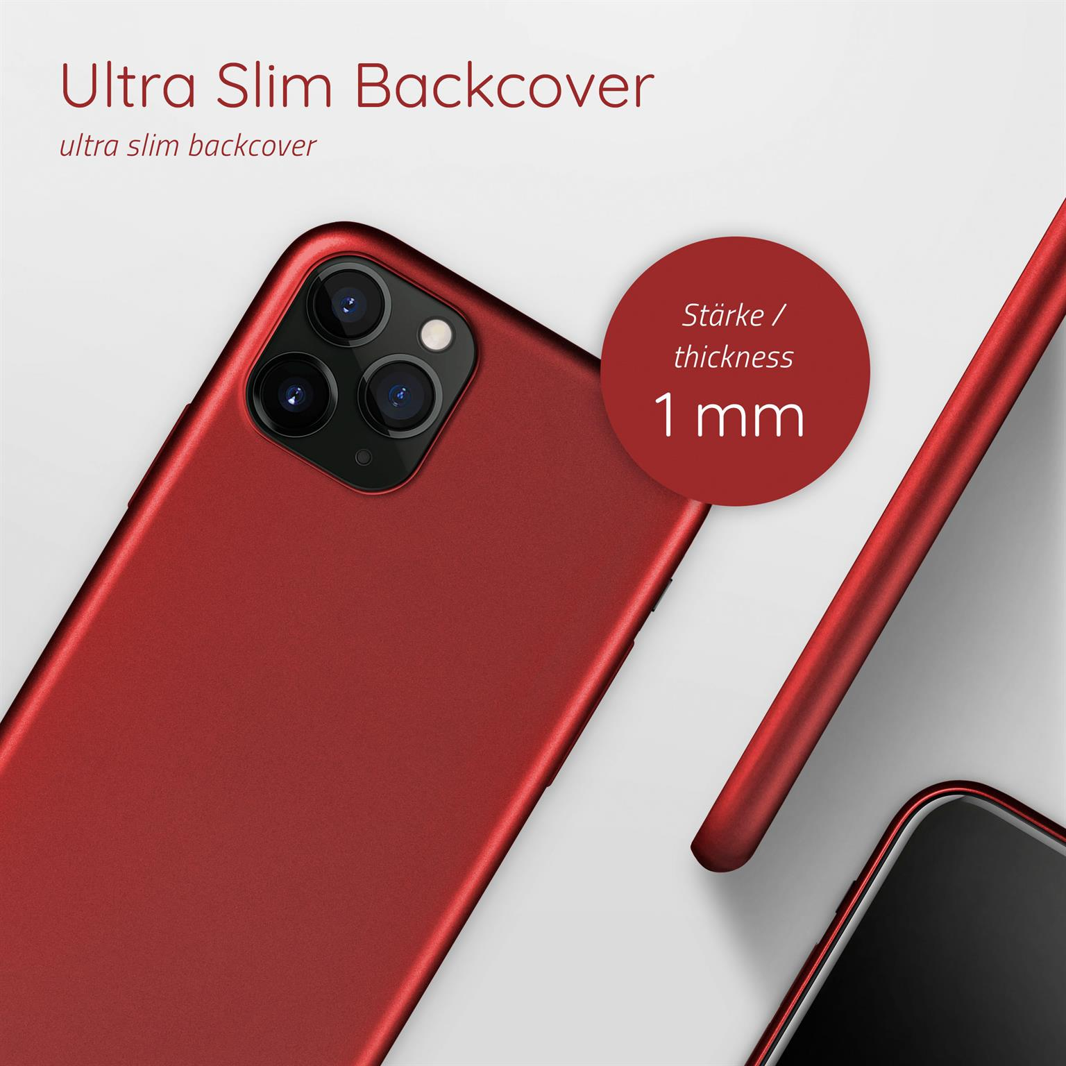 Eine rote Handyhülle mit 1 mm Dicke wird mit dem Text 'Ultra Slim Backcover' angezeigt.