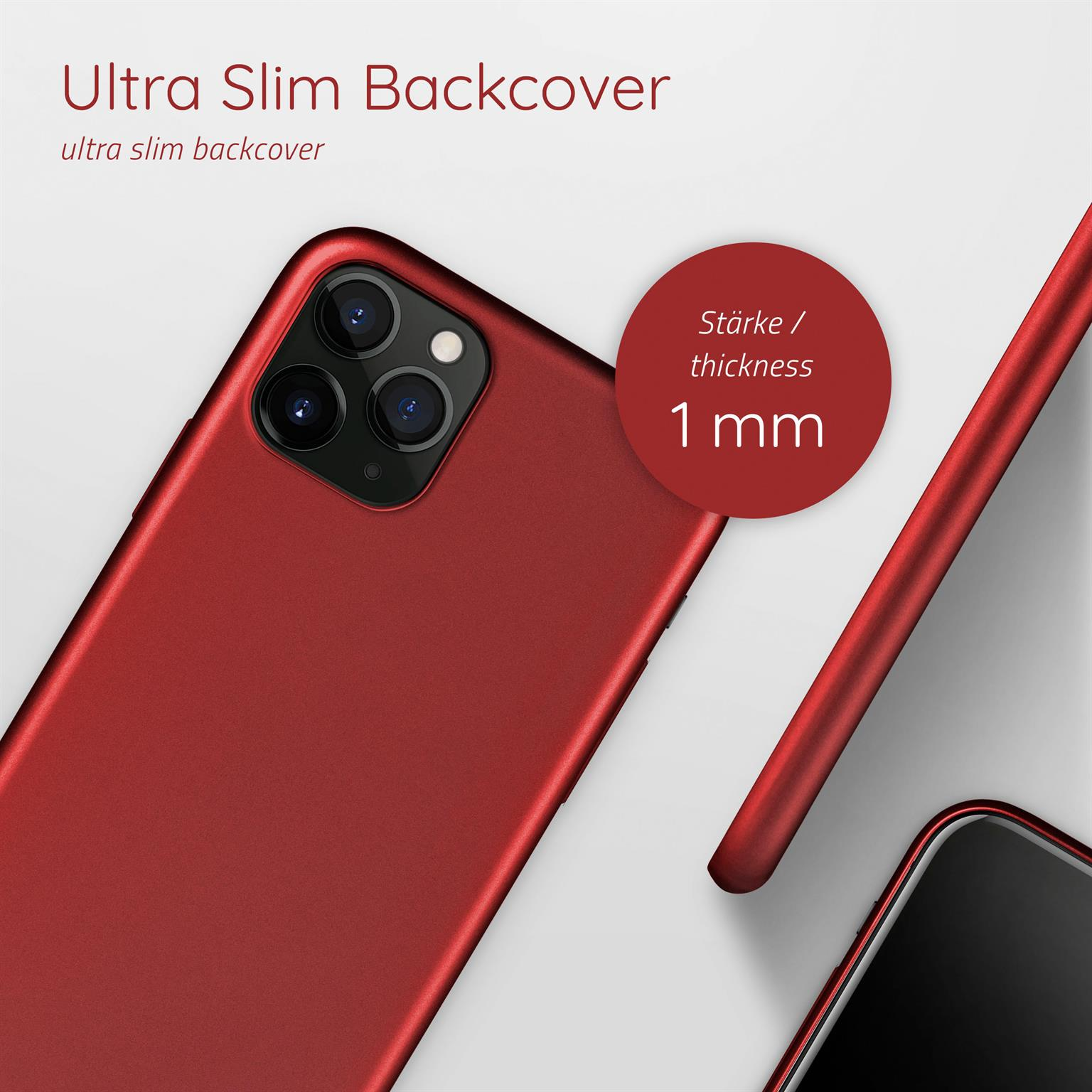 Rote Handyhülle mit 1mm Dicke. Text: Ultra Slim Backcover. Rote Hülle und Telefonkamera.
