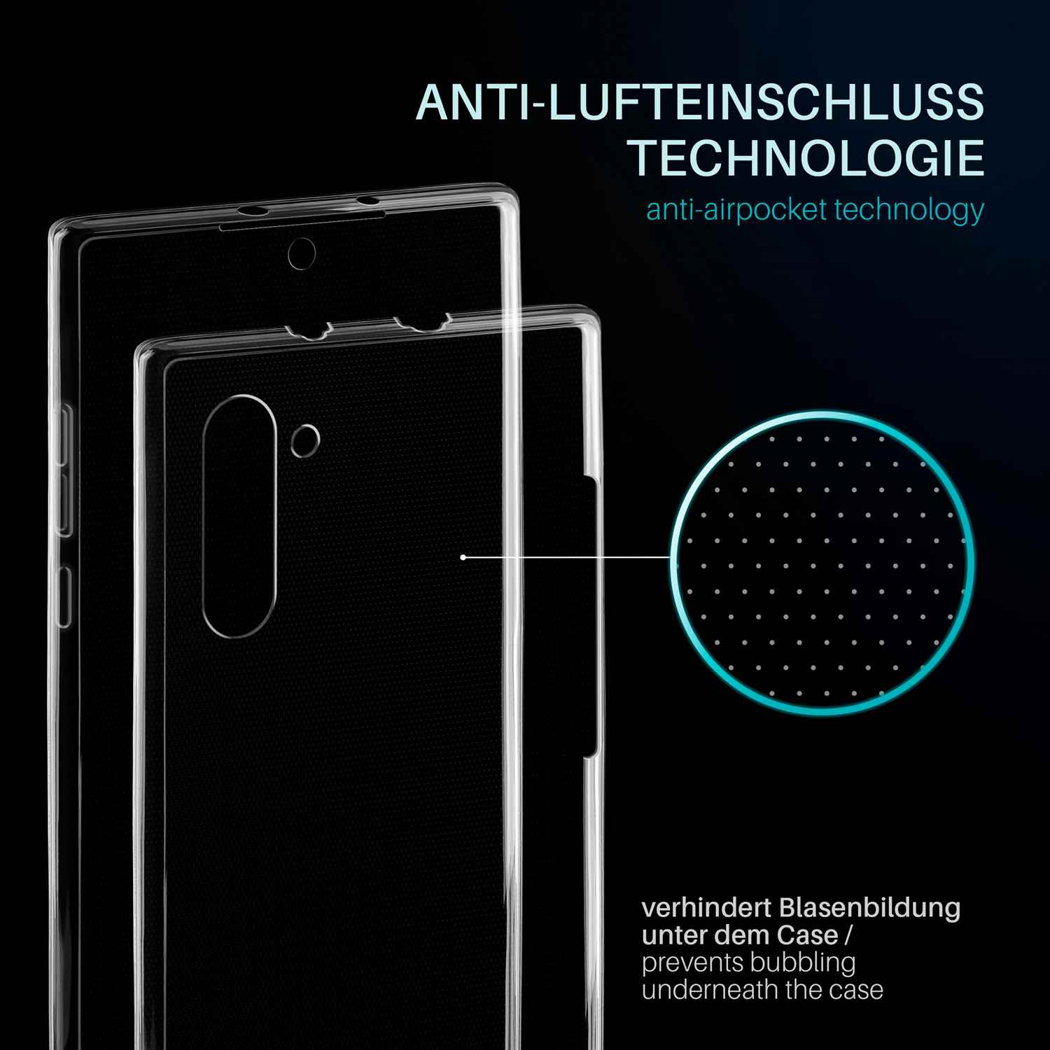 Transparente Handyhüllen, mit Text auf Deutsch und Englisch. Text lautet: Anti-Lufteinschluss-Technologie.
