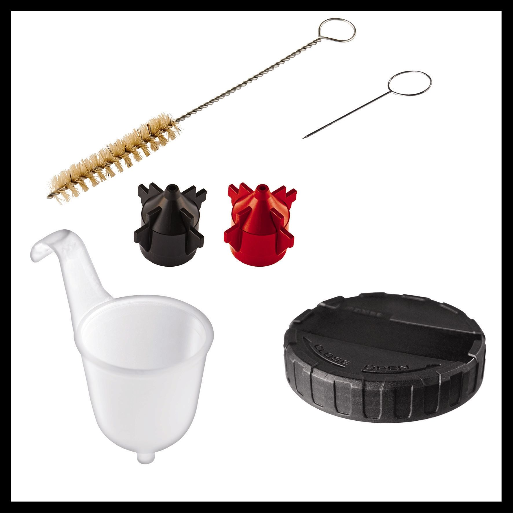 Różne części sprzętu do malowania natryskowego, w tym pędzle i dysze.